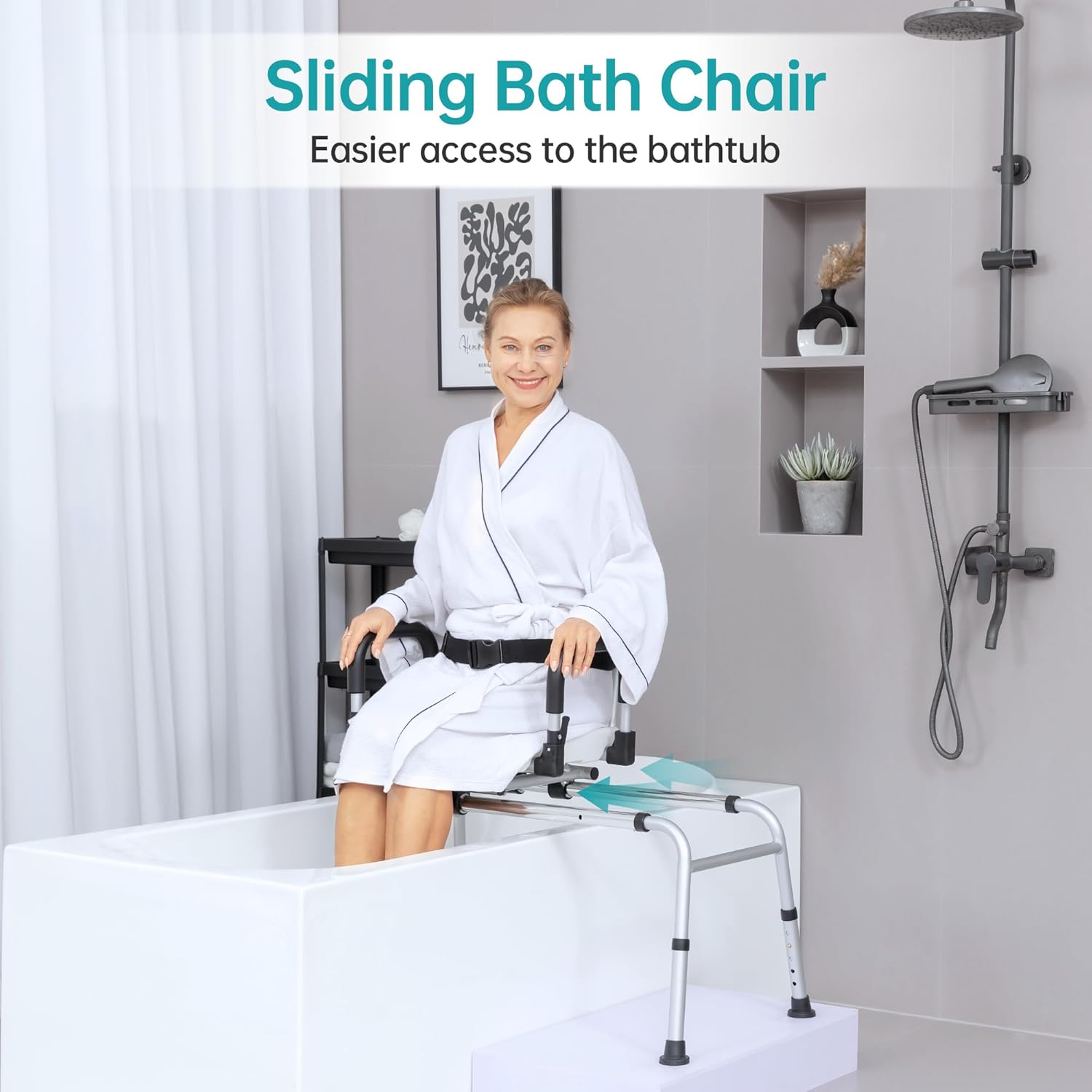 ELENKER Sliding Shower Chair with Backrest, Transfer Bench for Bathtub and Shower, with Pivoting Arms, Seat Belt, Drainage Holes, for The Elderly, Sick and Handicap, Tubs - Image 2