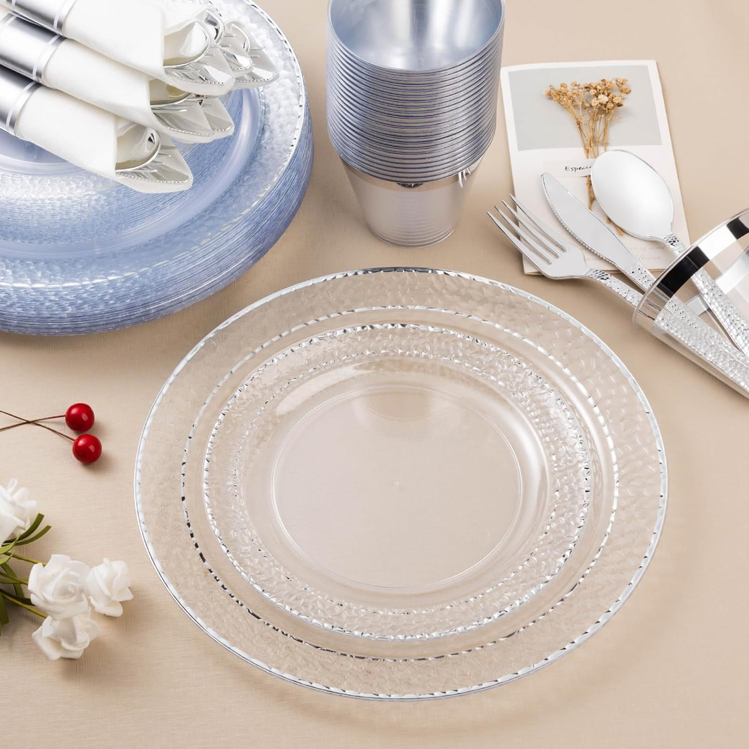 350PCS Clear Plastic Plates with Silver Trim for 50 Guests, Disposable Dinnerware Set for Party & Wedding, Includes 100 Plastic Plates, 50 Pre Rolled Napkins with Silver Silverware, 50 Cups - Image 4