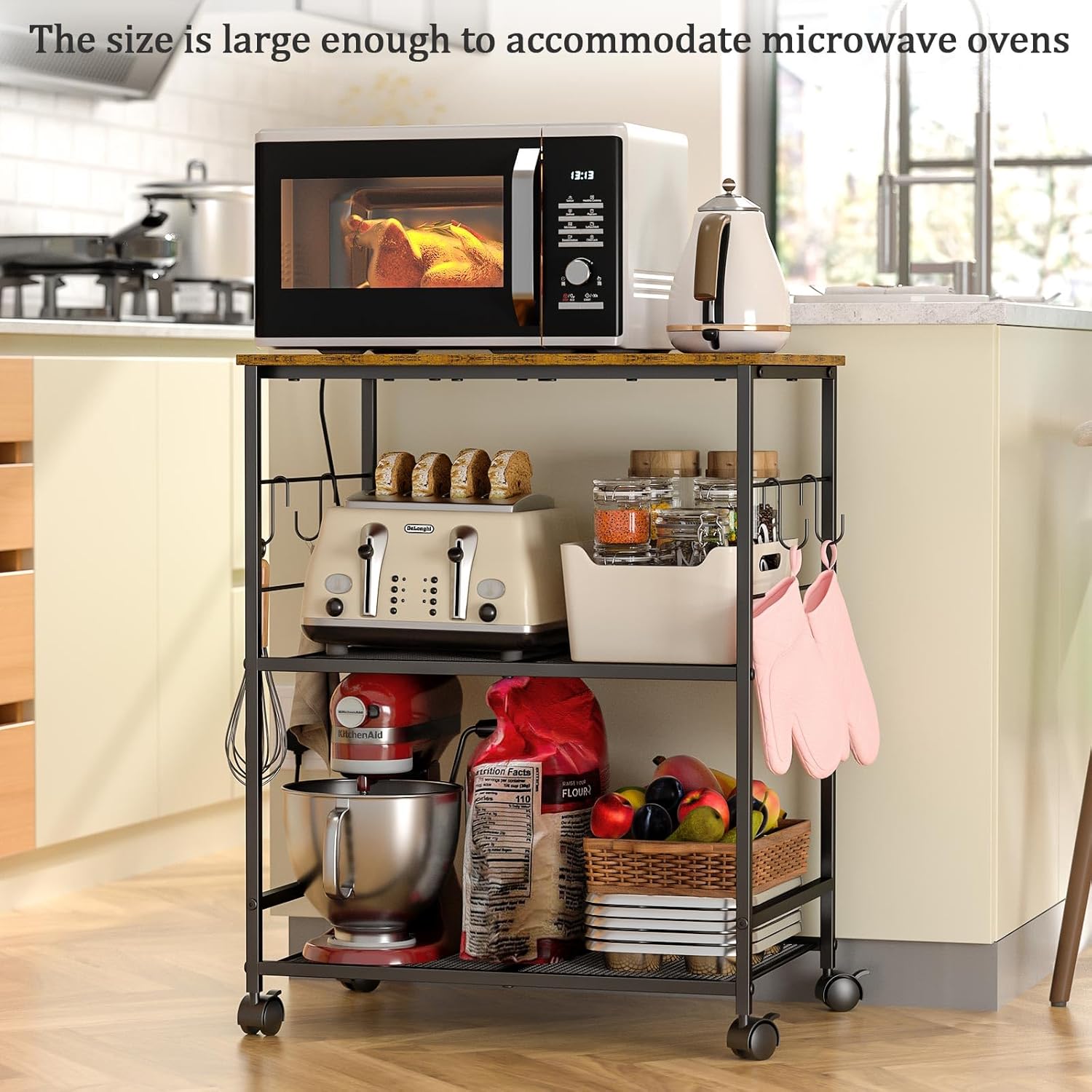 Rolling Kitchen Microwave Cart, 3 Tier Microwave Table Stand with Storage, Kitchen Utility Cart on Lockable Wheels, Small Coffee Cart Shelf Rack Organizer for Living Room Office, Balcony - Image 3