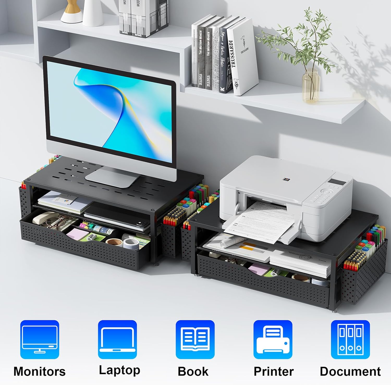 gianotter Desk Organizers and Accessories, Monitor Stand with Drawer and 2 Pen Holder, Desktop Organizer Suitable for Offices and Dormitories (Black) - Image 8