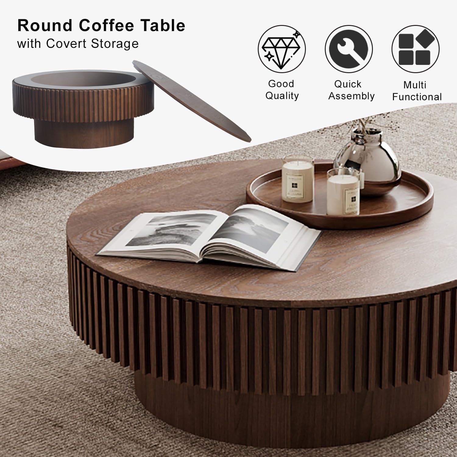 Round Coffee Table with Storage, Modern Wooden Coffee Table with Solid Wood Veneered, Circle Center Table Accent Tea Table for Living Room Apartment Small Space (31.5''L × 31.5''W × 14''H, Walnut) - Image 6
