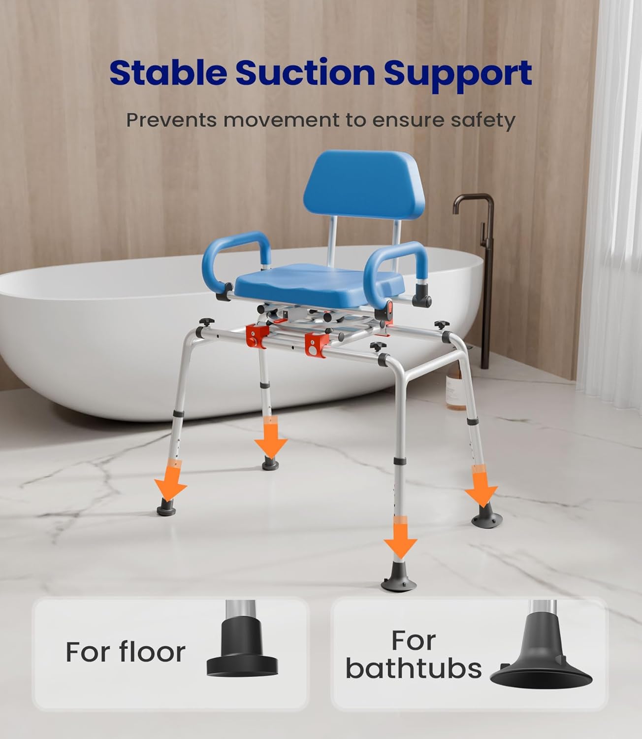 VOCIC Sliding Shower Chair with Swivel Seat, Swivel Tub Transfer Bench, Shower Bench for Elderly, Adjustable Height Bathtub Bench with Armrests & Swivel Padded Seat & Safety Belt, AX19 - Image 4