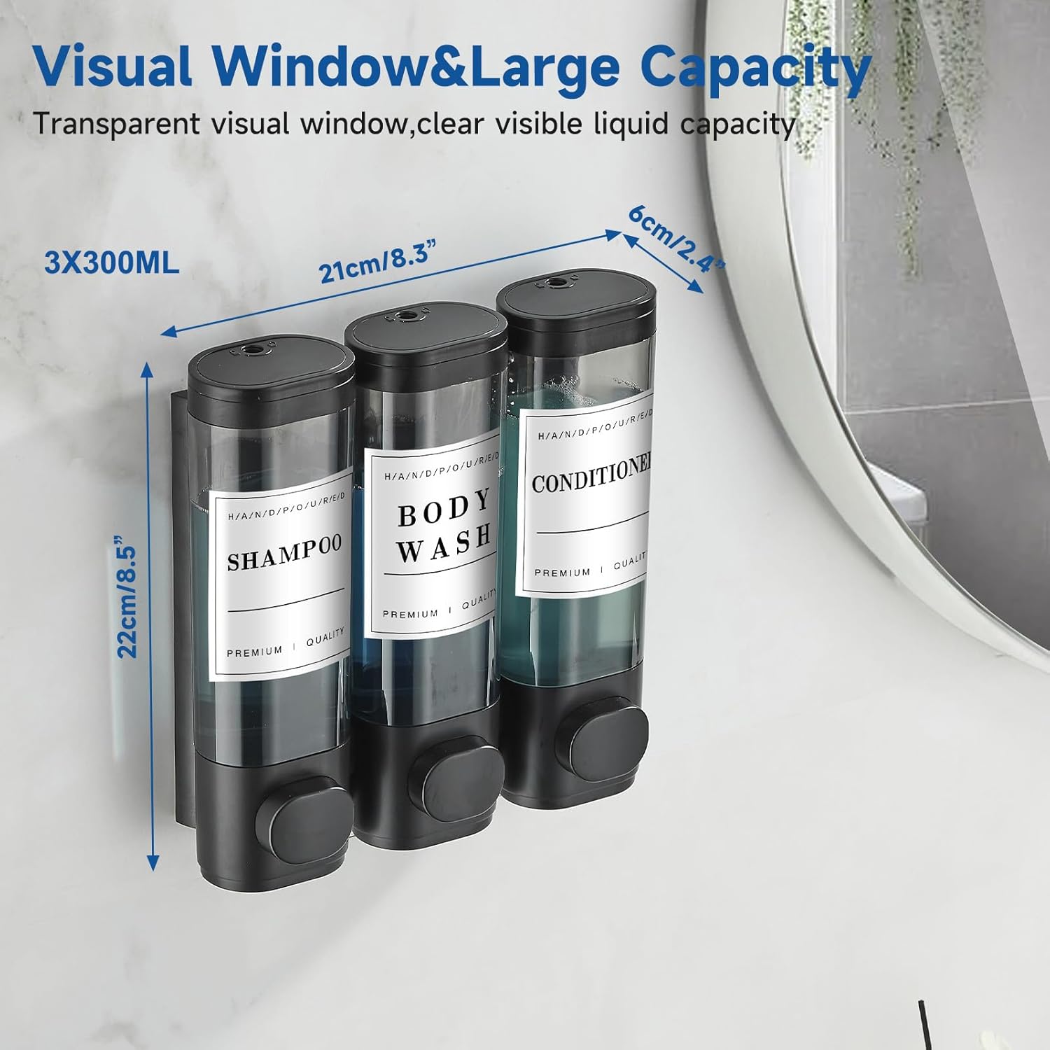 Shampoo and Conditioner Dispenser,Shower Soap Dispenser 3 Chamber No Drill Wall-Mounted Shampoo Dispenser for Shower Wall Mounted Shower Dispenser for Bathroom Hotel Large Capacity,Black - Image 4