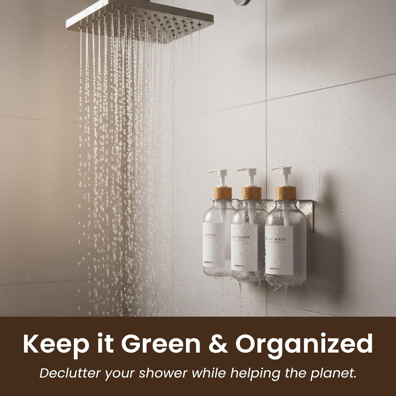 MaisoNovo Shampoo and Conditioner Dispenser - Shower Soap Dispenser Wall Mounted - 16.9 fl oz Set of 3 Clear Plastic Bottles White Bamboo Pump - Shampoo Dispenser, Shower Dispenser 3 Chamber No Drill - Image 9