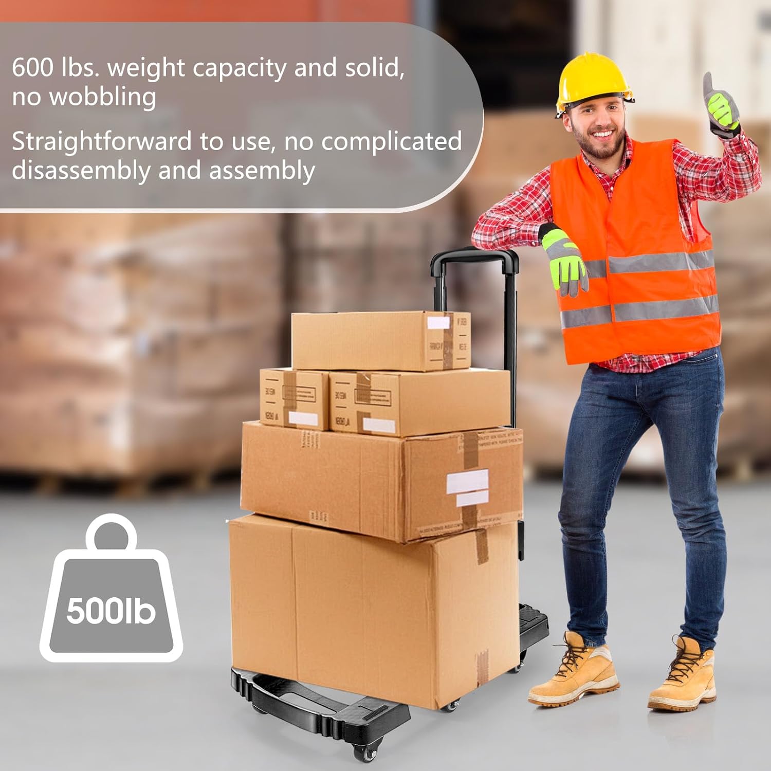 Folding Hand Truck 500lbs, Portable Heavy Duty Dolly Cart, 6 Wheels Collapsible Luggage Cart with 2 Elastic Ropes - Compact Trolley Cart for Easy Moving - Ideal Hand Cart for Travel and More - Image 5