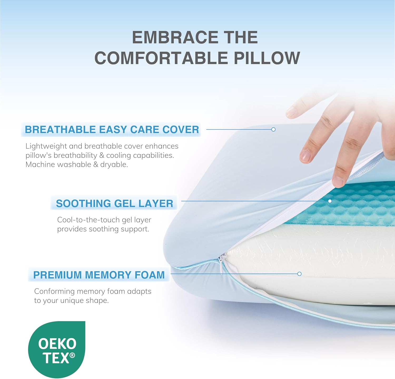EGOHOME Cooling Gel Memory Foam Pillow - Reversible Cooling Cover, Neck Support for Side, Back and Stomach Sleepers, Removable & Machine Washable, All-Season Comfort, Standard Size, Blue - Image 3