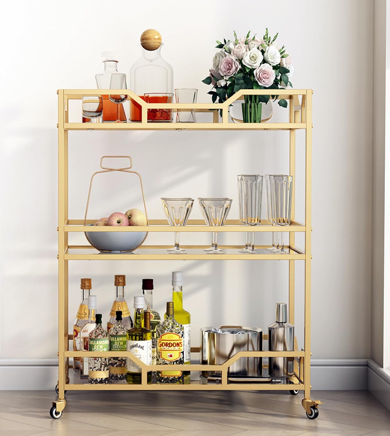 Square Gold Bar Carts with 3 Tier Storage Glass Shelves Holder Home Serving Bar Carts on Wheels for Kitchen, Bar, Dinning Room - Image 2