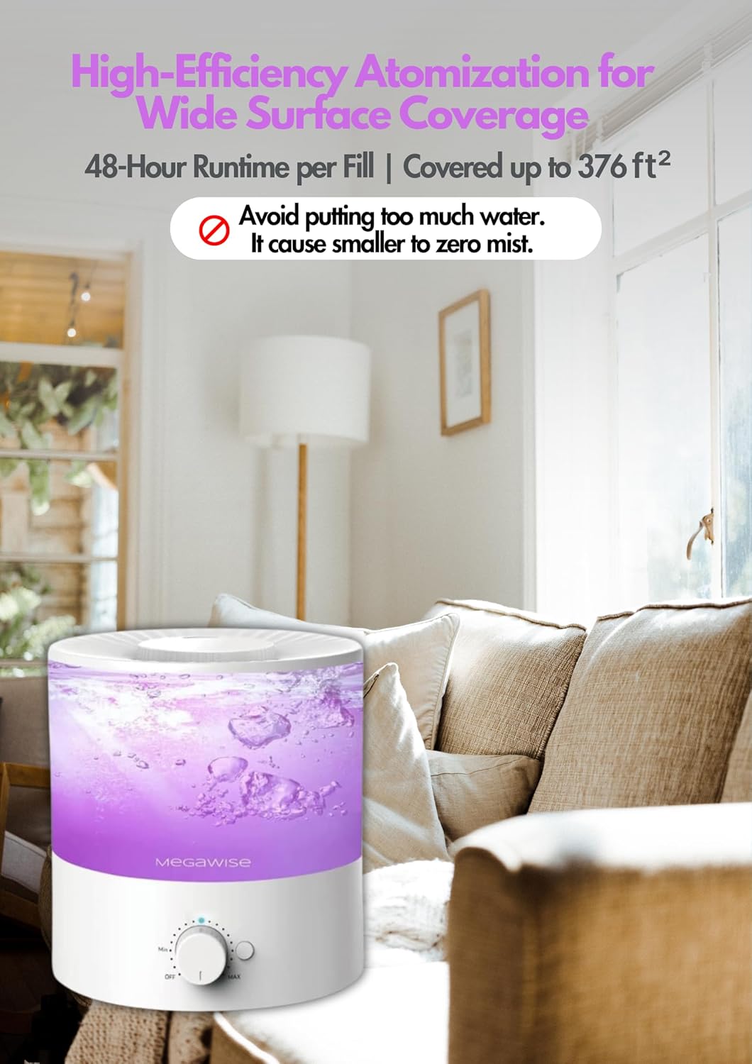 Megawise Cool Mist Humidifier with Top Refill Design, 2L Capacity, High Mist Output, No Leakage, and 7 Color Night Light - Image 4