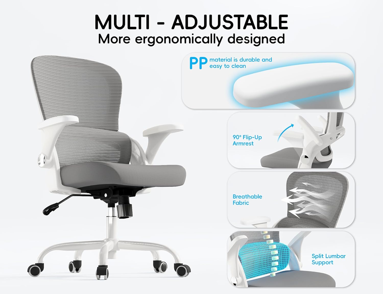 TRALT Ergonomic Office Chair - Comfy Desk Chair with Back Support, Home Office Desk Chairs, Computer Chair, 330lbs Wide Seat Big and Tall Office Chair for Executives (Grey) - Image 4