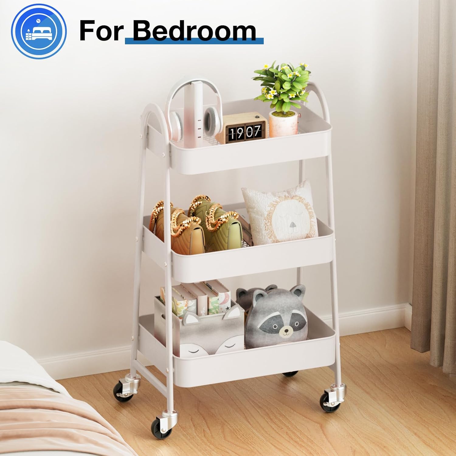 OLIXIS 3 Tier Utility Rolling Cart, Metal Mobile Storage Shelf with Lockable Caster Wheels, Organization for Livingroom, Bathroom & Narrow Places, White - Image 6