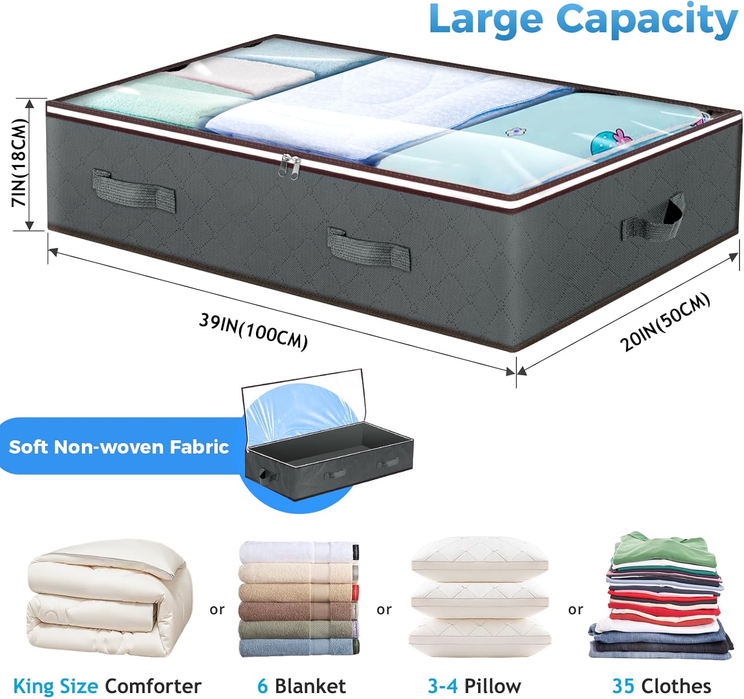 Budding Joy 90L Under Bed Storage Containers, Closet Organizers and Storage Bins, Foldable Underbed Storage Bags for Linen Sheets, Blanket, Clothing, Comforter, Sweaters, Pillows, Wrapping Paper, Grey - Image 2