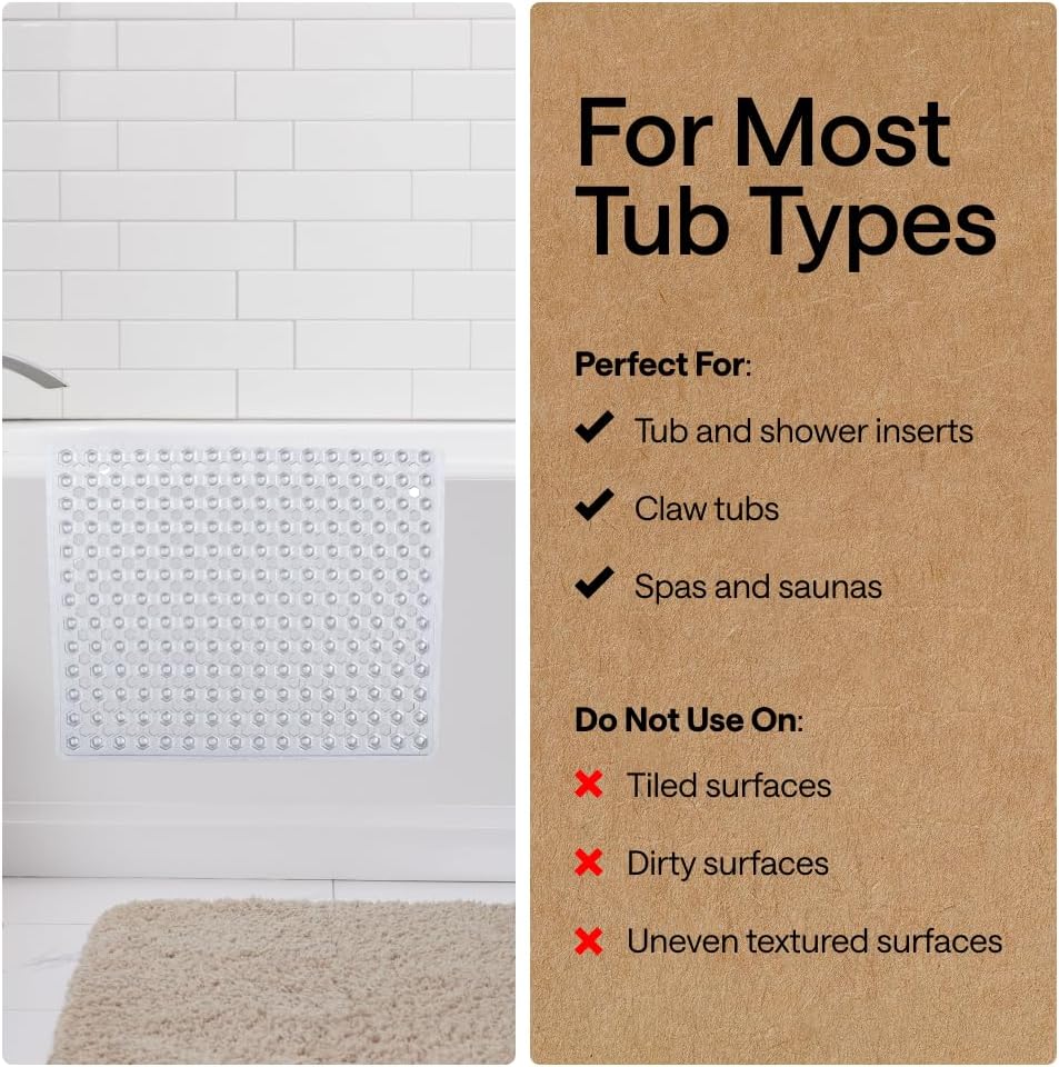 GORILLA GRIP Patented Bath Tub Shower Mat, Machine Washable Bathtub Floor Liner Mats, Suction Cups and Drain Holes to Keep Tubs Clean, Soft on Feet, Bathroom Essentials, 35x16 Inch, Clear - Image 6