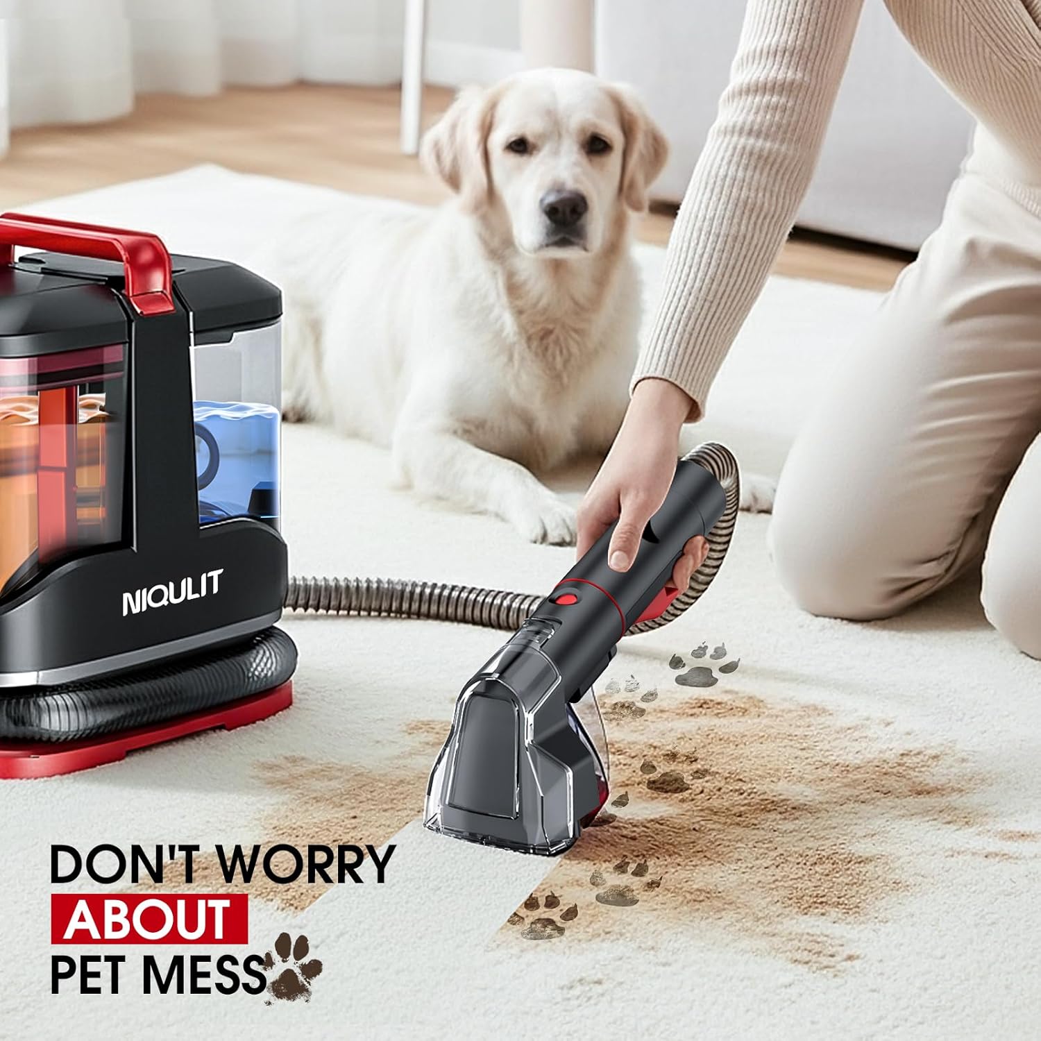 Portable Carpet and Upholstery Cleaner, 15Kpa Spot Cleaner Machine for Pets, Furniture Cleaner for Sofa, Area Rugs, Couch and Car, Carpet Cleaning Machine with Dual Brush Heads & Self-Cleaning System - Image 5