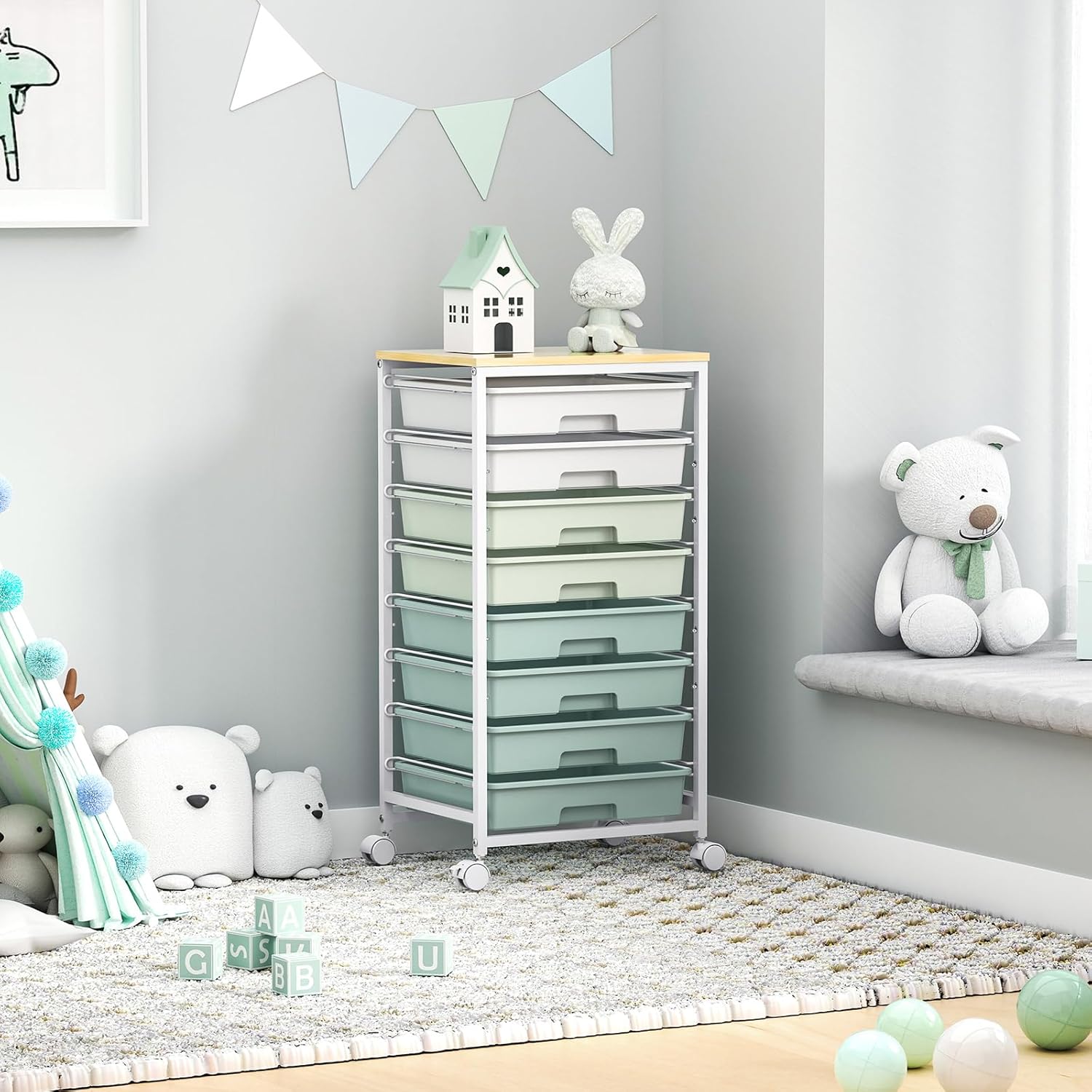 Rolling Storage Utility Cart Organizers with 8 Drawers and Wooden Tabletop for Living Room,Office,Classroom,Craft Room,Bedroom,Dorm,Green - Image 5