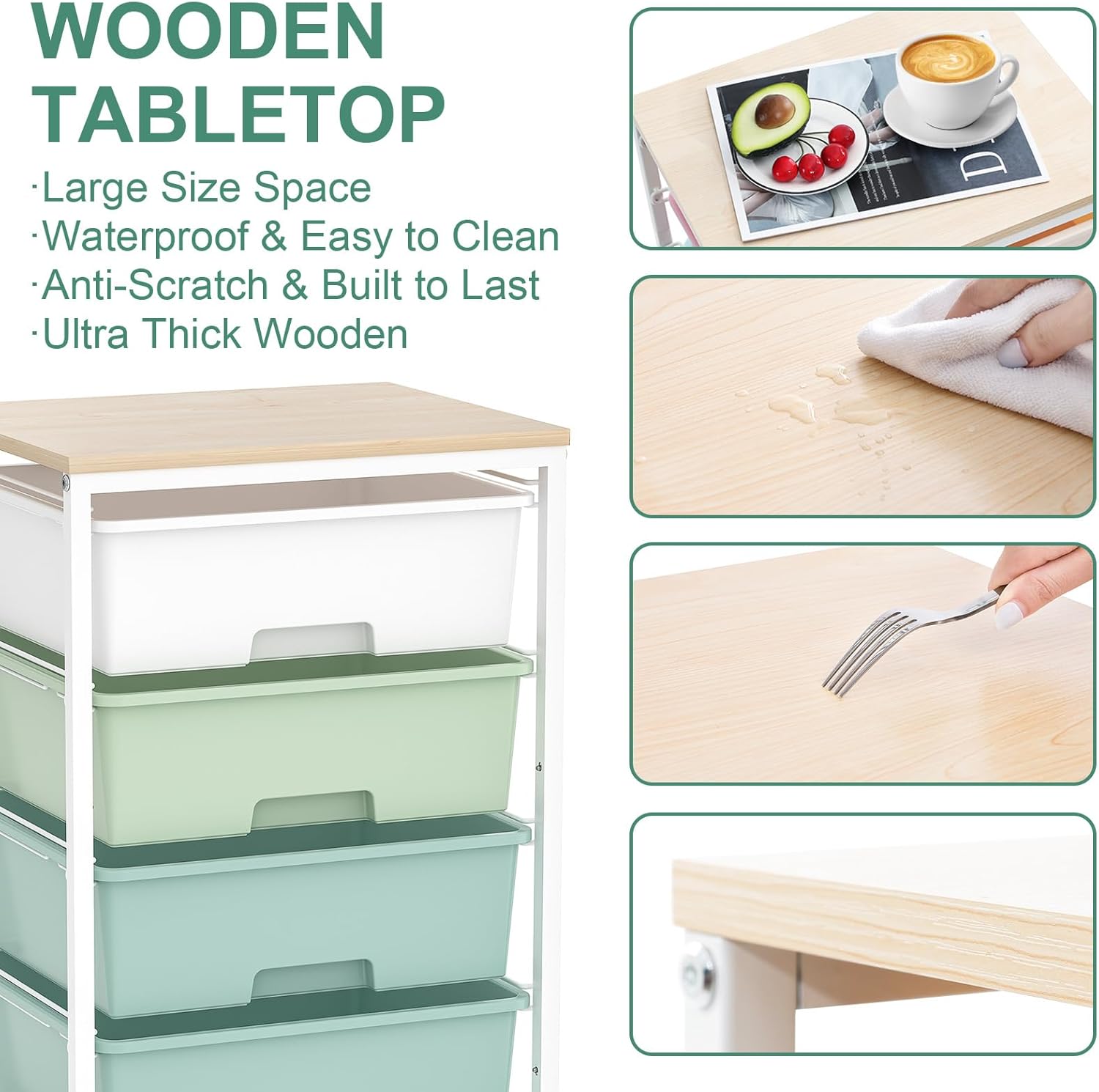 Utility Cart with 4 Drawers,Rolling Storage Cart with Drawers,Storage Rolling Drawer Cart with Wooden Tabletop for Bedroom,Kid's Room,Dorm,Classroom,Office,Green - Image 5