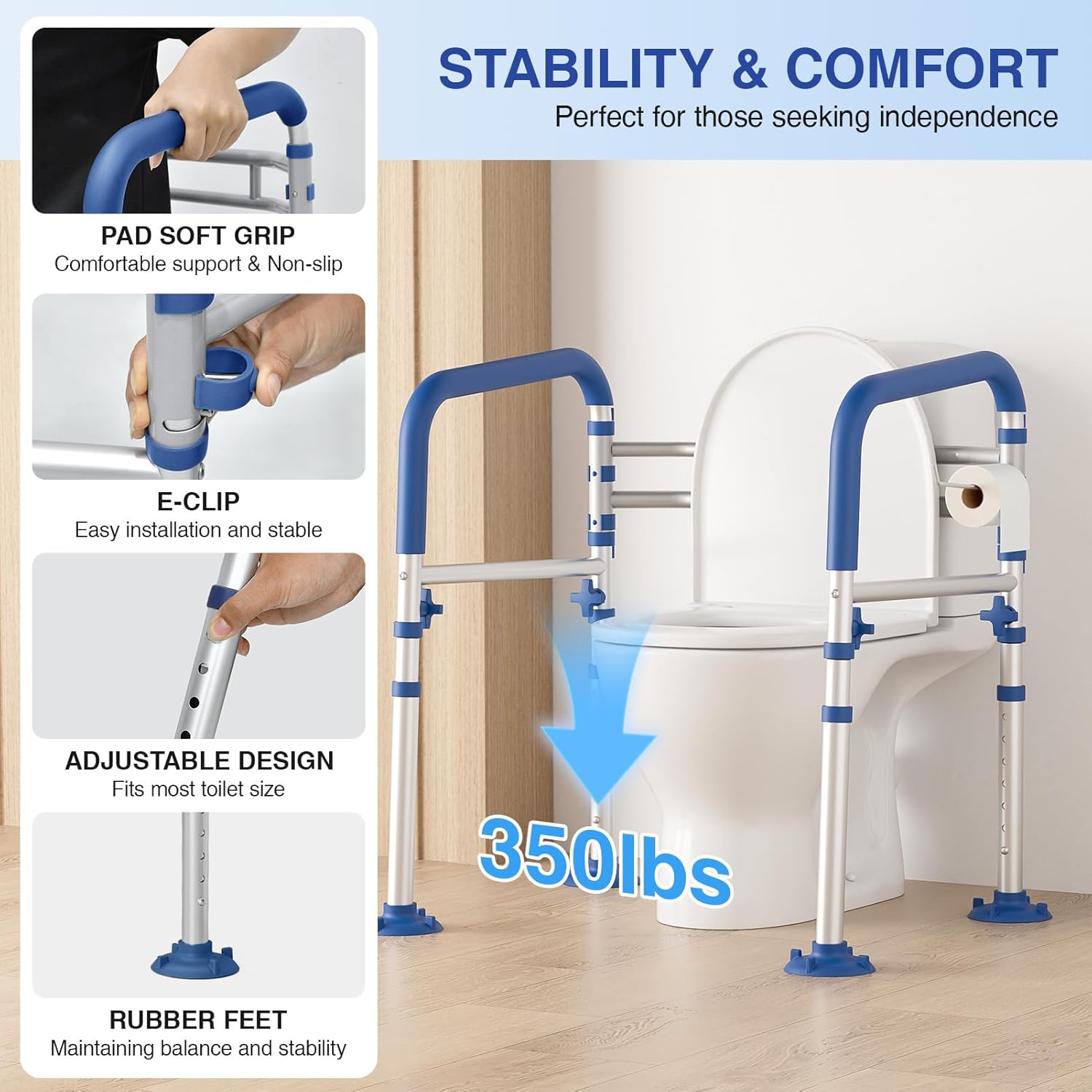 Foldable Toilet Safety Rails for Seniors - Adjustable Toilet Safety Frame & Toilet Handles for Elderly & Disabled, Fits Most Toilets, 350lb Capacity, Blue - Image 3