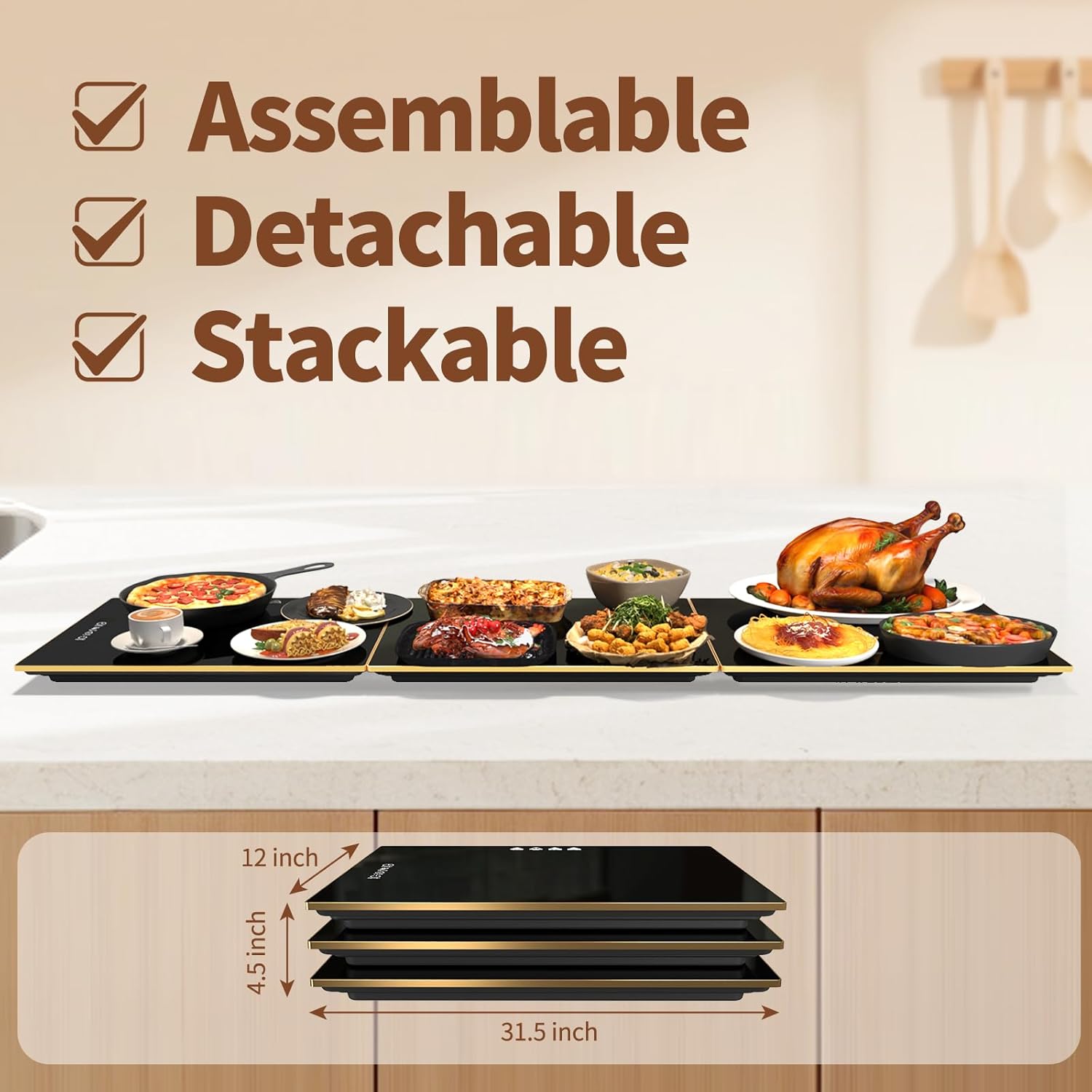 Food Warmers for Parties Buffet, (47"x12") Assemblable Stackable Electric Warming Tray with 8-Level Temperature Adjustment and 8-Hour Timer, Upgraded Desktop-Protecting Food Warming Mat - Image 2