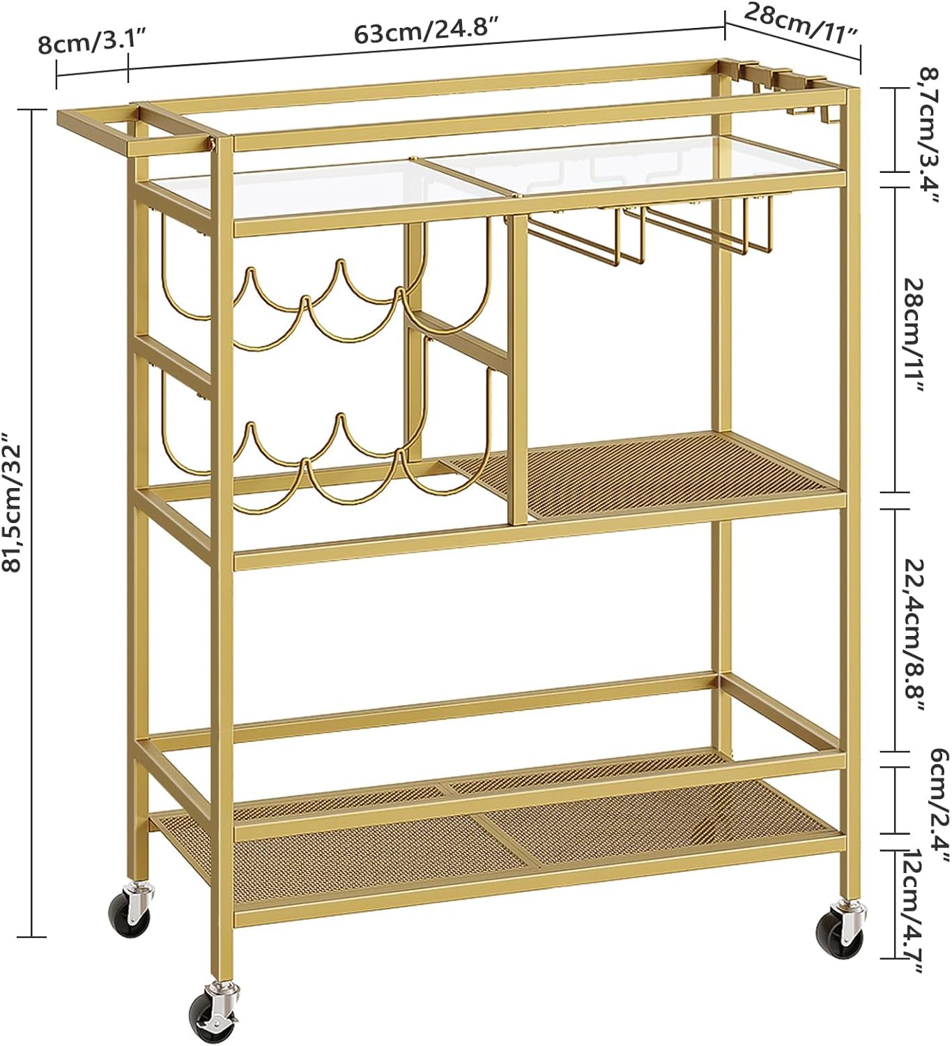 Bar Cart for Home, 3-Tier Serving Cart with Wheels and Handle, Beverage Cart with Wine Rack and Glass Holders, Rolling Wine Cart for Kitchen, Dining Room, Gold RCJ61B01 - Image 8