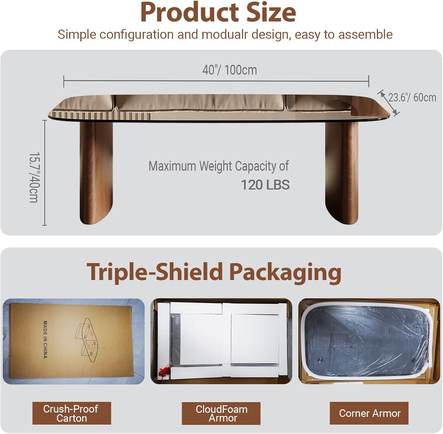 Modern Glass Coffee Table, Coffee Table for Living Room,Tempered Glass-top with Sturdy Wooden Base, Modern Coffee Tables for Small Space, Apartment, Office, Minimalist Design (Walnut) - Image 2