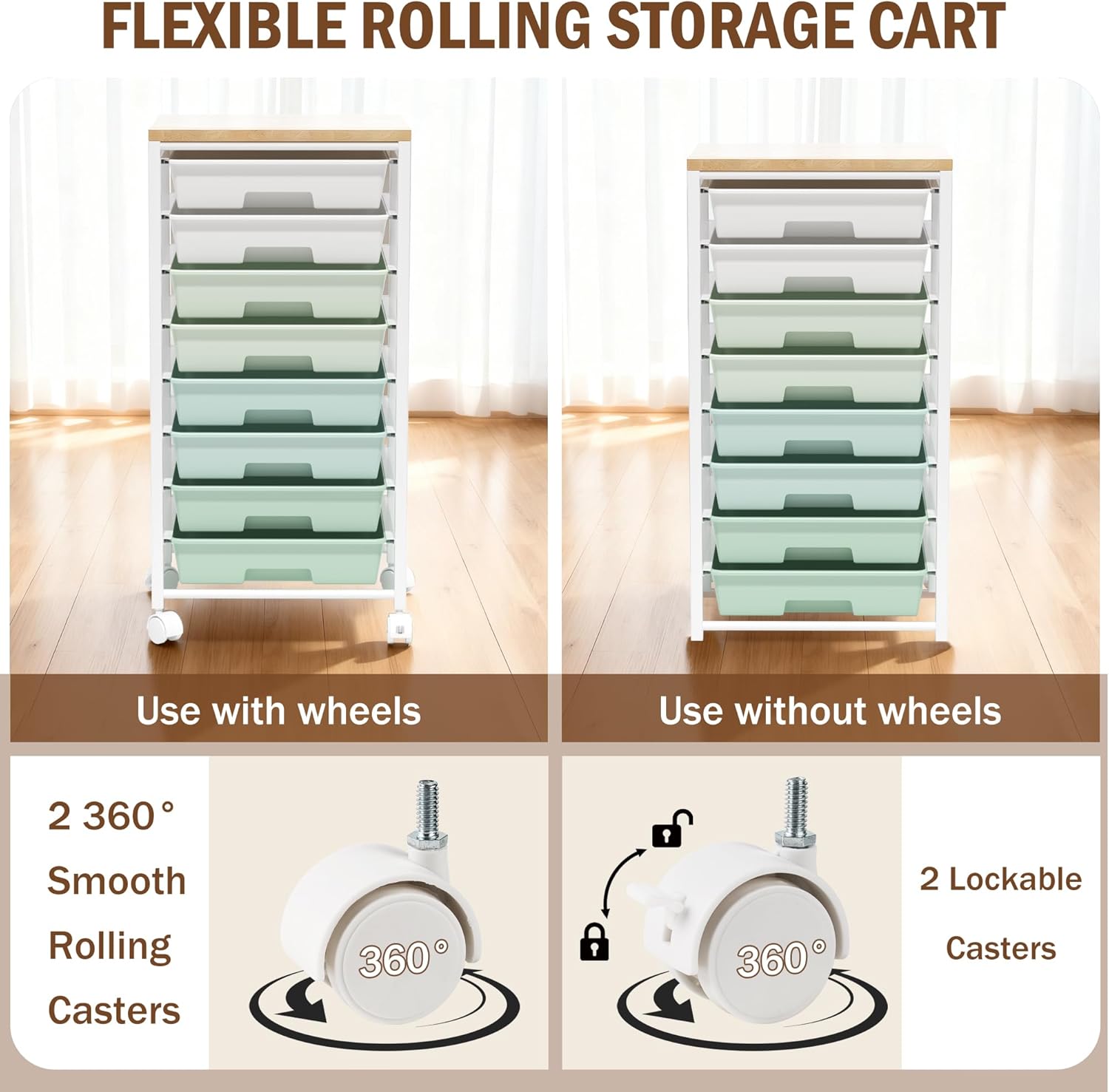 Rolling Cart with 8 Drawers, Storage Drawers Cart with Wooden Tabletop and Lockable Wheels, Craft Storage for Living Room, Office, Classroom, Craft Room, Bedroom - Image 6