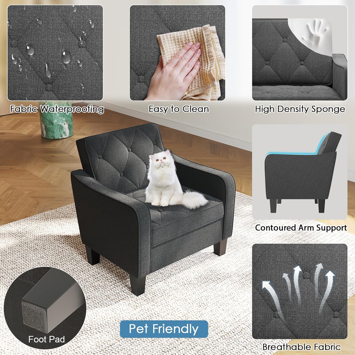 STHOUYN Living Room Chairs Grey Accent Chairs Set of 2, Waiting Room Arm Chairs, Reading Chairs for Bedroom Comfy Club Chair Tufted, Office Small Space (2, Grey) - Image 4