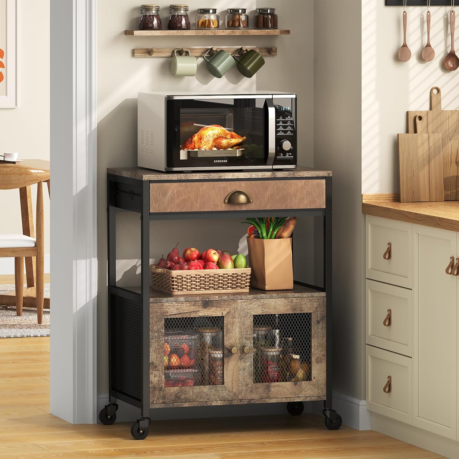 X-cosrack Coffee Bar Cabinet,3 Tiers Kitchen Coffee Cart with Drawer for The Home, Movable Farmhouse Ktichen Station Table on Wheels for Living Room, Entryway, Dining Room, Kitchen - Image 9