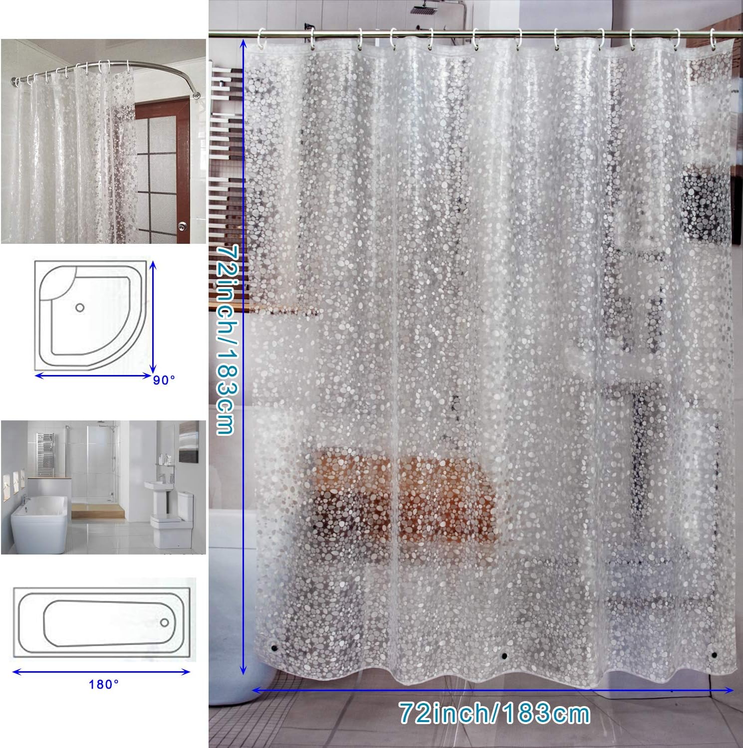 Bostofy Waterproof Shower Curtain Liner 8G EVA Thick Shower Curtain with Heavy Duty 3 Bottom Magnets, Shower Liner for Shower Stall, Bathtubs, 3D Pebble Pattern, 72 x 72,12 Hooks - Image 7