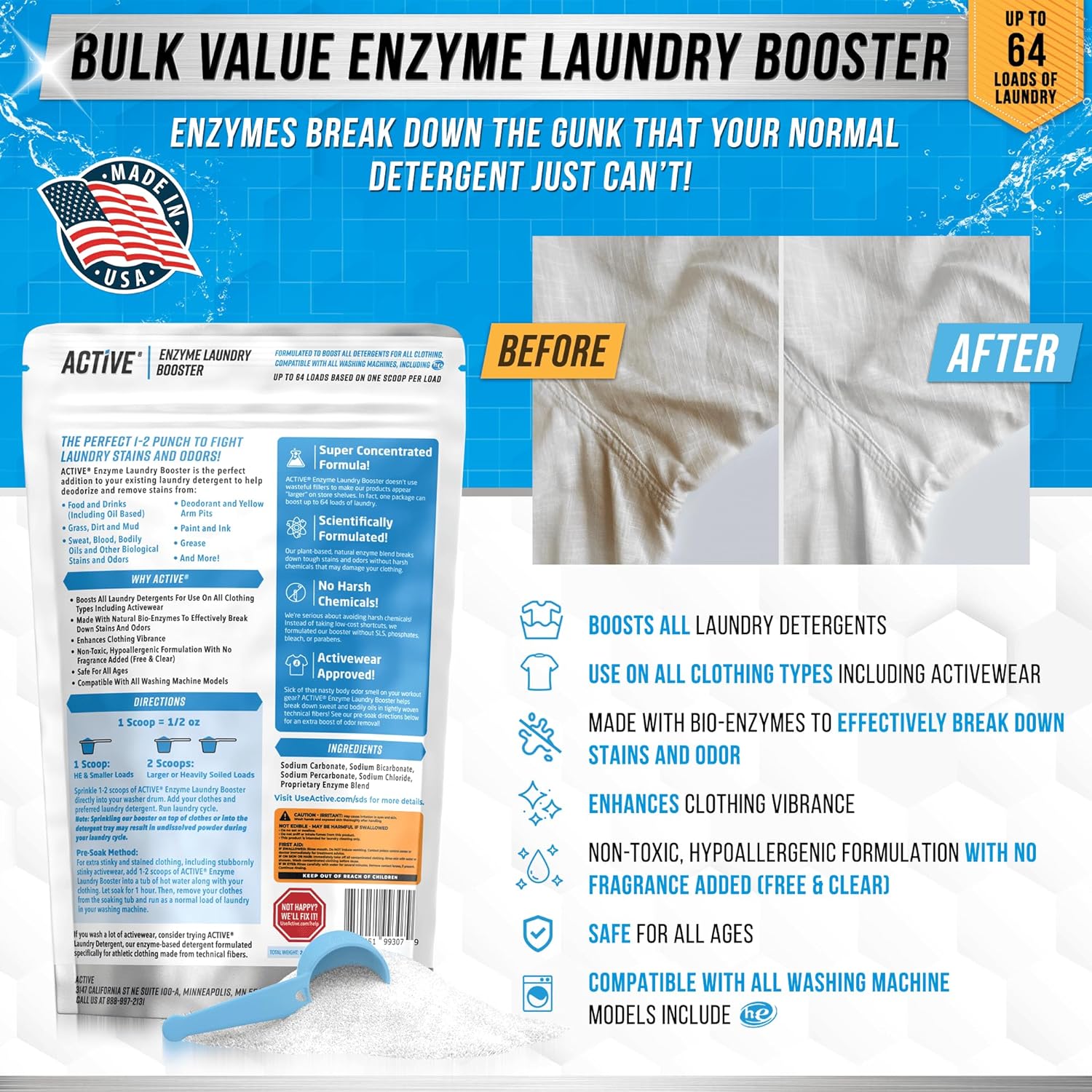 Enzyme Laundry Booster Odor Remover - 2 lbs Unscented Enzymatic Clothes Stain Cleaner Powder, Natural Deodorizer with Bio Active Enzymes, Detergent Additive Eliminator for Sweat, Oil, Blood - 64 Loads - Image 2