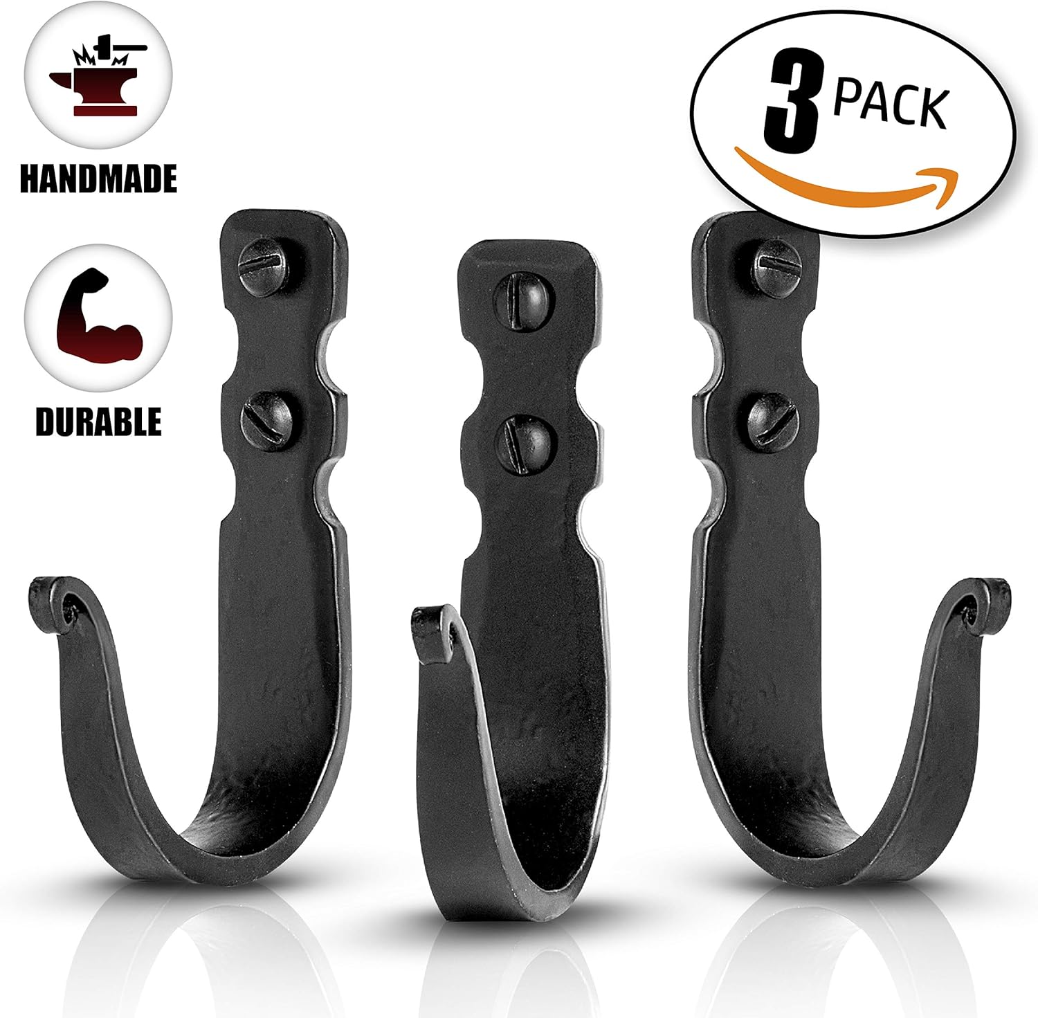 Decorative Hooks for Wall - Metal Wall Hooks for Hanging Coats, Hats & Bags, Rustic Towel Hooks for Bathrooms or Kitchen - Wrought Iron Farmhouse Hangers - Pack of 3, Black - 3.3x2x0.8 Inches - Image 2