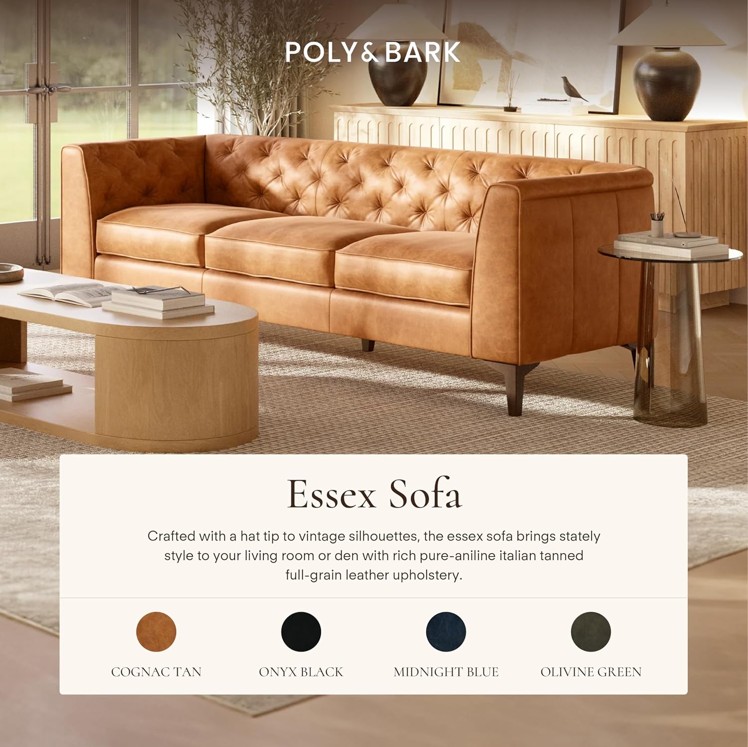 POLY & BARK Essex 89” Full-Grain Italian Leather Sofa – Tufted Back, Feather-Down Comfort, Solid Wood Frame, Cognac Tan - Image 4