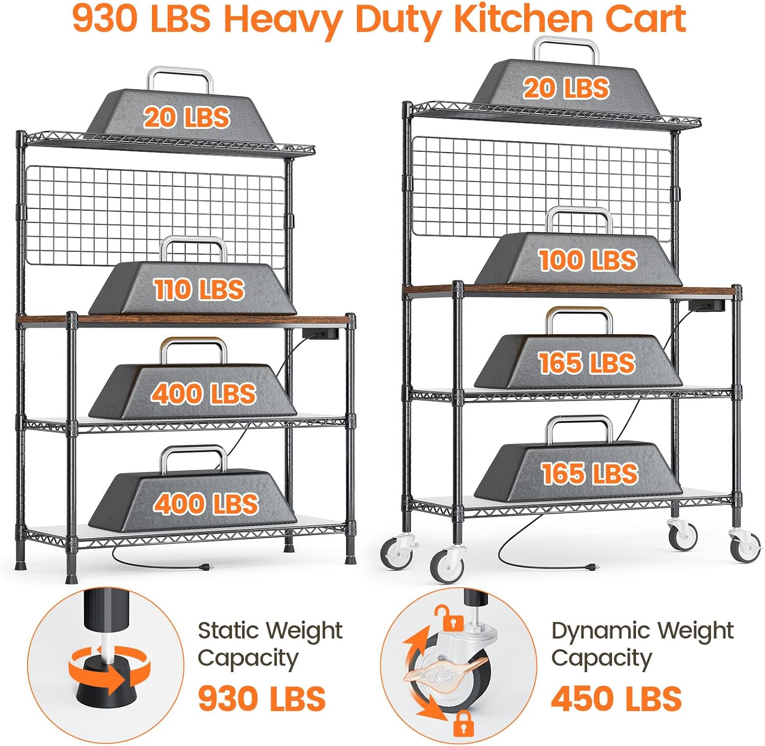Leteuke Bakers Rack with Power Outlet & Storage, 36 Inch Microwave Stand Kitchen Cart, 4-Tier Metal Kitchen Shelves Cart with Wheels & 20 S-Hooks for Kitchen, NSF Certified, 63 x 18 x 36 Inch-Black - Image 7