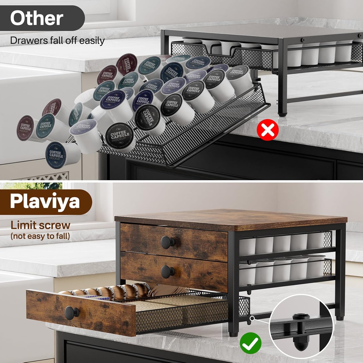 Coffee Pod Holder for Counter, 3 Tier Coffee Pod Drawer for K Cup Capsules, 60 Capacity Pods Storage Organizer Cups Capsule with Sliding Baskets for Coffee Bar, Kitchen - Image 5