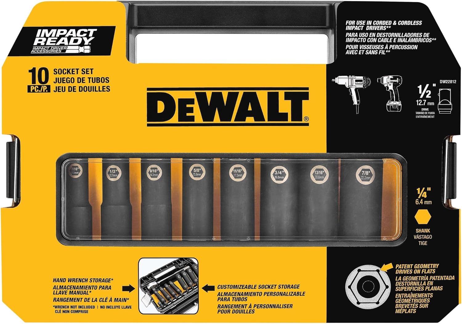 DeWalt Impact Socket Set 1/2 Drive, 10 Piece 1/4" to 1/2" Impact Socket Adapter Set (DW22812) - Image 7