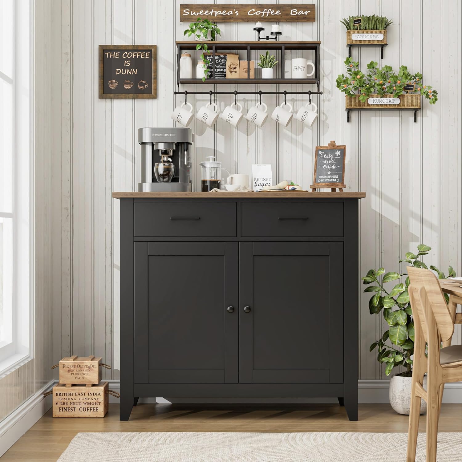 HORSTORS Kitchen Storage Cabinet, Modern Farmhouse Buffet Cabinet with Storage, Coffee Bar with 2 Drawers and 2 Doors, Floor Sideboard Buffet for Living Room, Dining Room, Bathroom, Black/Rustic Brown - Image 2