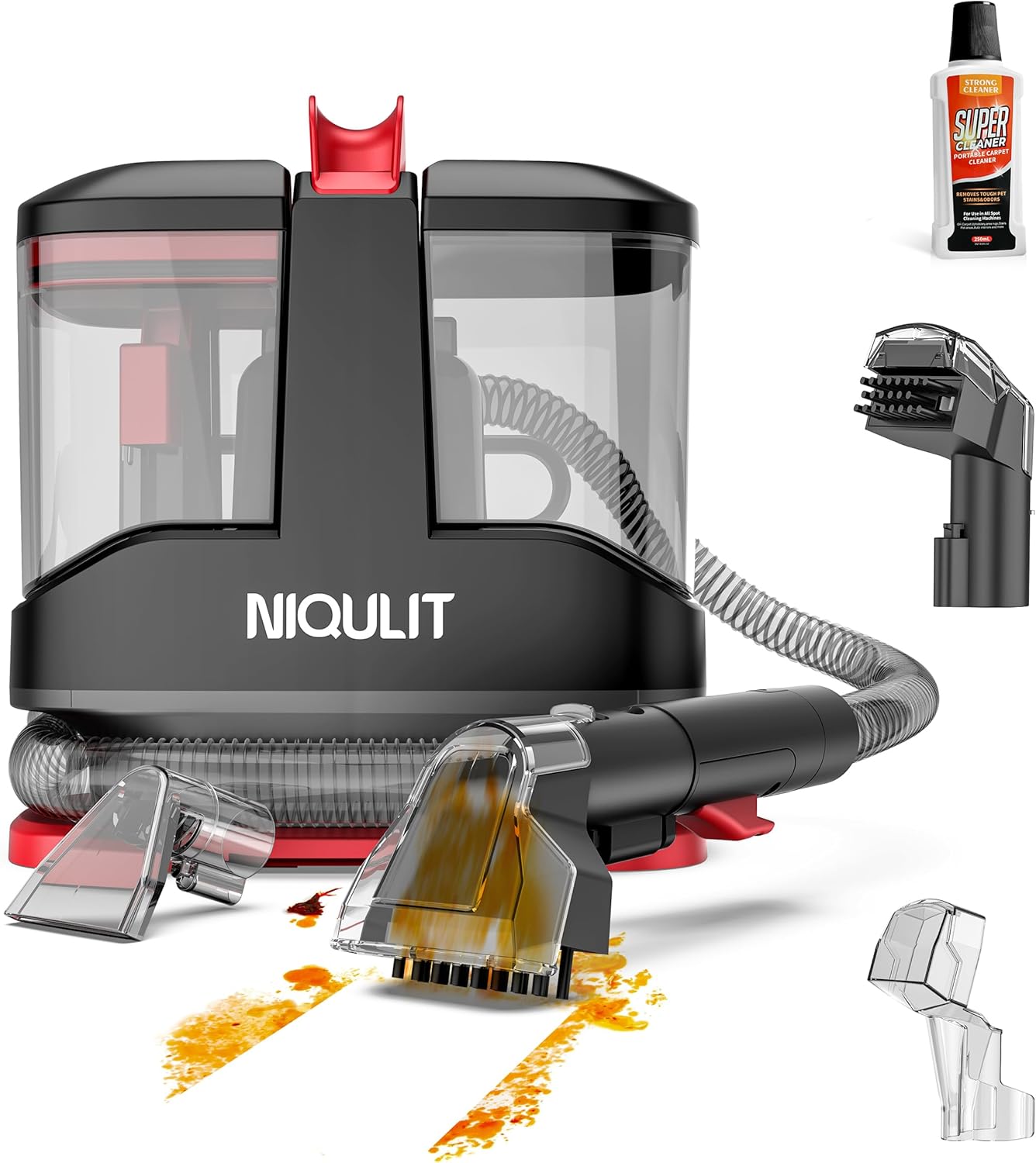 Portable Carpet and Upholstery Cleaner, 15Kpa Spot Cleaner Machine for Pets, Furniture Cleaner for Sofa, Area Rugs, Couch and Car, Carpet Cleaning Machine with Dual Brush Heads & Self-Cleaning System
