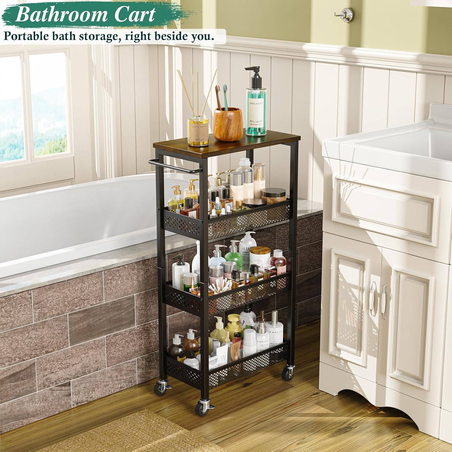 Utility Slim Storage Cart, 4-Tier Narrow Bathroom Organizer and Storage Cart, Metal Narrow Kitchen Laundry Room Organization Rack with Wood Top, Slim Rolling Shelf with Wheels for Small Space - Image 6