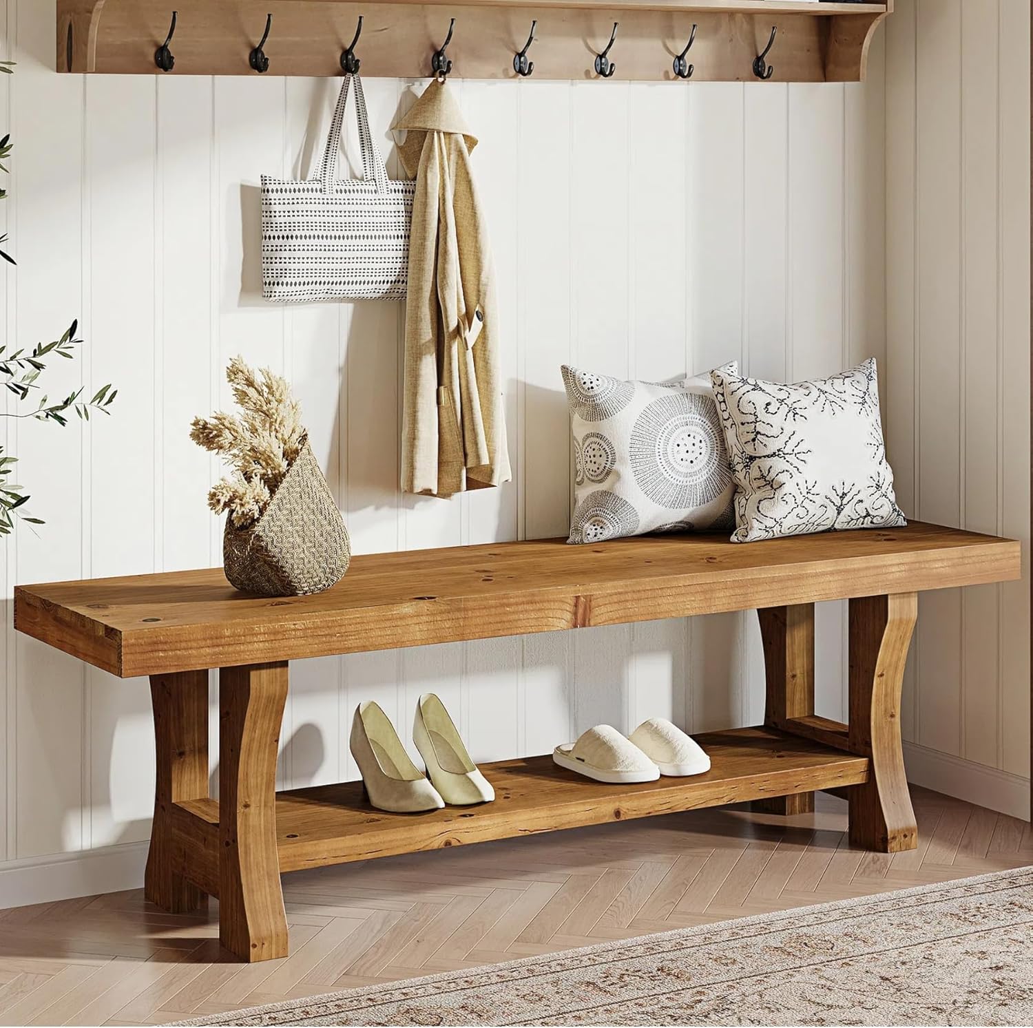 Solid Wood Entryway Bench, 55" End of Bed Bench, Long Indoor Dining Seat for Hallway, Bedroom, Living Room, Dining Room, Easy Assembly, Brown