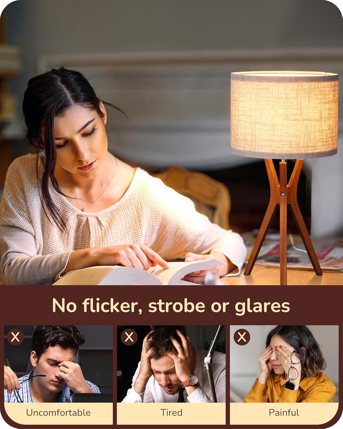 EDISHINE Mid Century Table Lamp, 17.5" Tripod Bedside Lamp with Deep Wood Color Light Base & Beige Linen Lampshade, Nightstand Lamp for Bedroom, Living Room, Reading Room, E26 Base - Image 4