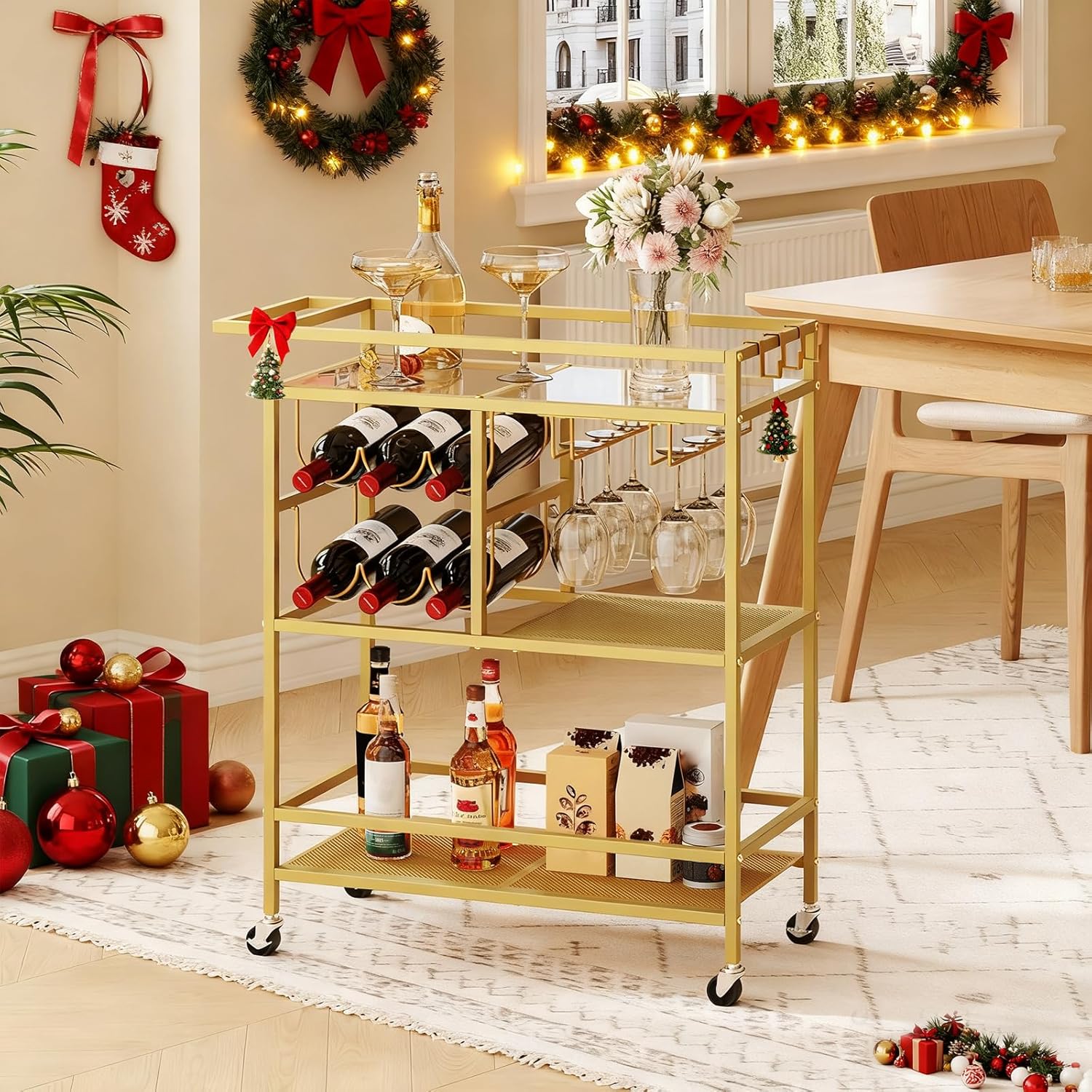Bar Cart for Home, 3-Tier Serving Cart with Wheels and Handle, Beverage Cart with Wine Rack and Glass Holders, Rolling Wine Cart for Kitchen, Dining Room, Gold RCJ61B01 - Image 2