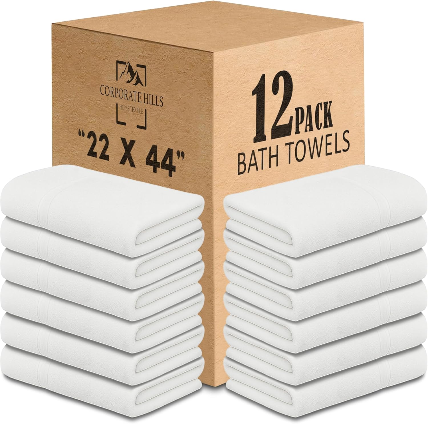 CH White Bath Towels Bulk Pack of 12 (22x44 Inches) – 100% Cotton Lightweight & Absorbent Towels for Airbnb, Hotels, Motels & Commercial Use