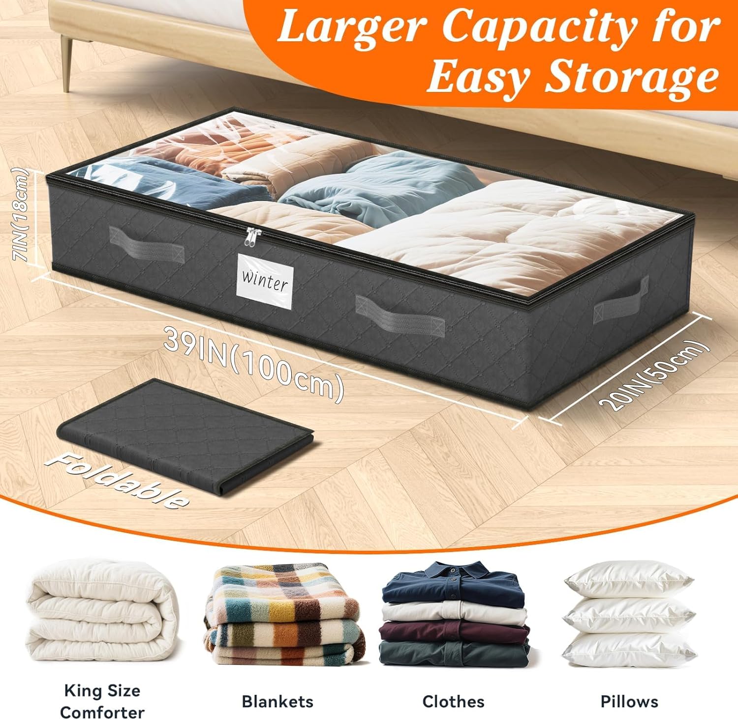 SpaceWhisper 90L Under Bed Storage Containers, 4-Pack Storage Bins with Clear Top, Foldable Closet Organizers and Storage with Label Holder for Clothing, Blankets, Comforter & Pillows (Grey) - Image 2