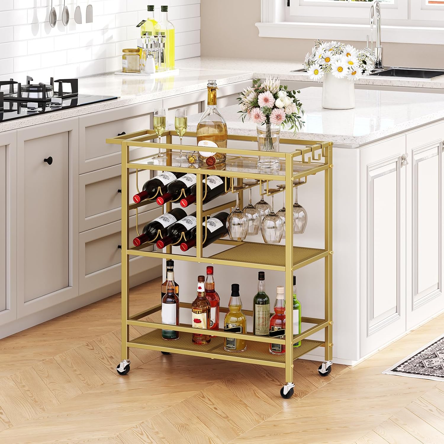 Bar Cart for Home, 3-Tier Serving Cart with Wheels and Handle, Beverage Cart with Wine Rack and Glass Holders, Rolling Wine Cart for Kitchen, Dining Room, Gold RCJ61B01 - Image 3