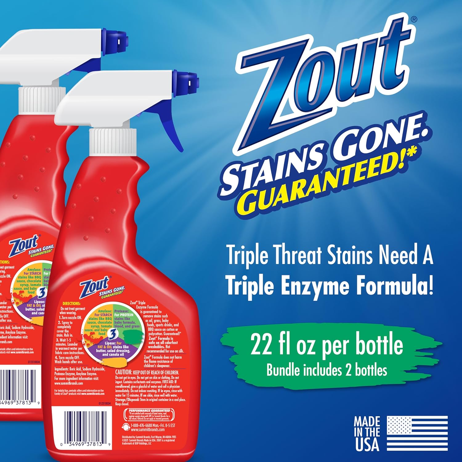 Zout Laundry Stain Remover Spray, Triple Enzyme Formula Removes the Toughest Stains, Made in the USA, 22 Ounce Bottles, 2-Pack - Image 2
