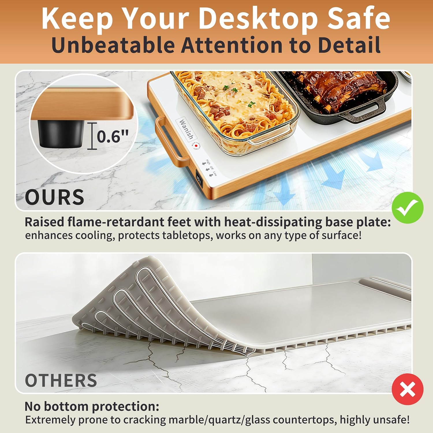 Electric Warming Tray (L 32”x12”),Food Warmers for Parties Buffet with Thermostat&Full Surface Heating,Tempered Glass Warming Mat for Food, Temperature Adjustable Gold Handles Food Warming Mat,White - Image 6