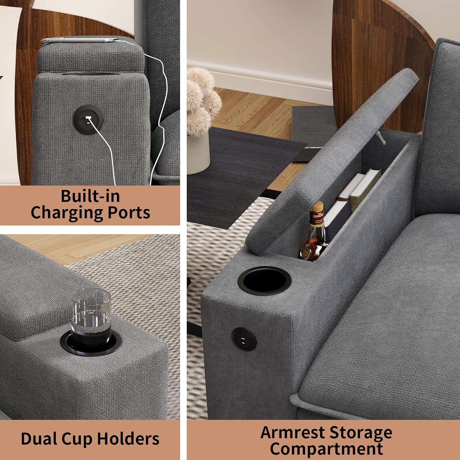 81.5" Loveseat Cloud Sofa Couch with Storage Armrest, Cup Holders, USB & Type-C Ports, Spring Cushions, Solid Wood Frame, Chenille Modular Sectional for Living Room - Image 3