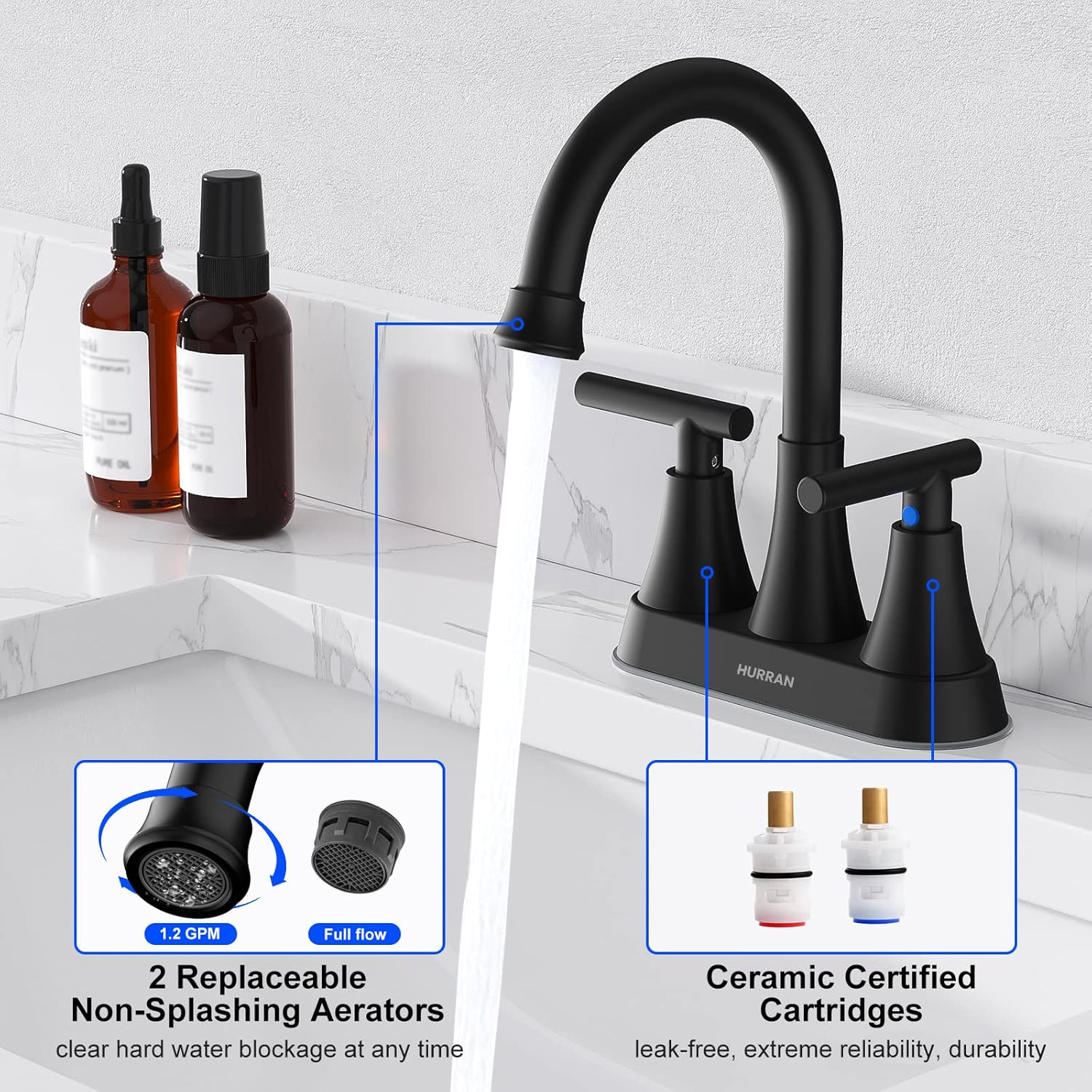 Bathroom Faucets for Sink 3 Hole, Hurran 4 inch Matte Black with Pop-up Drain and 2 Supply Hoses, Stainless Steel Lead-Free 2-Handle Centerset Faucet for Sink Vanity - Image 4