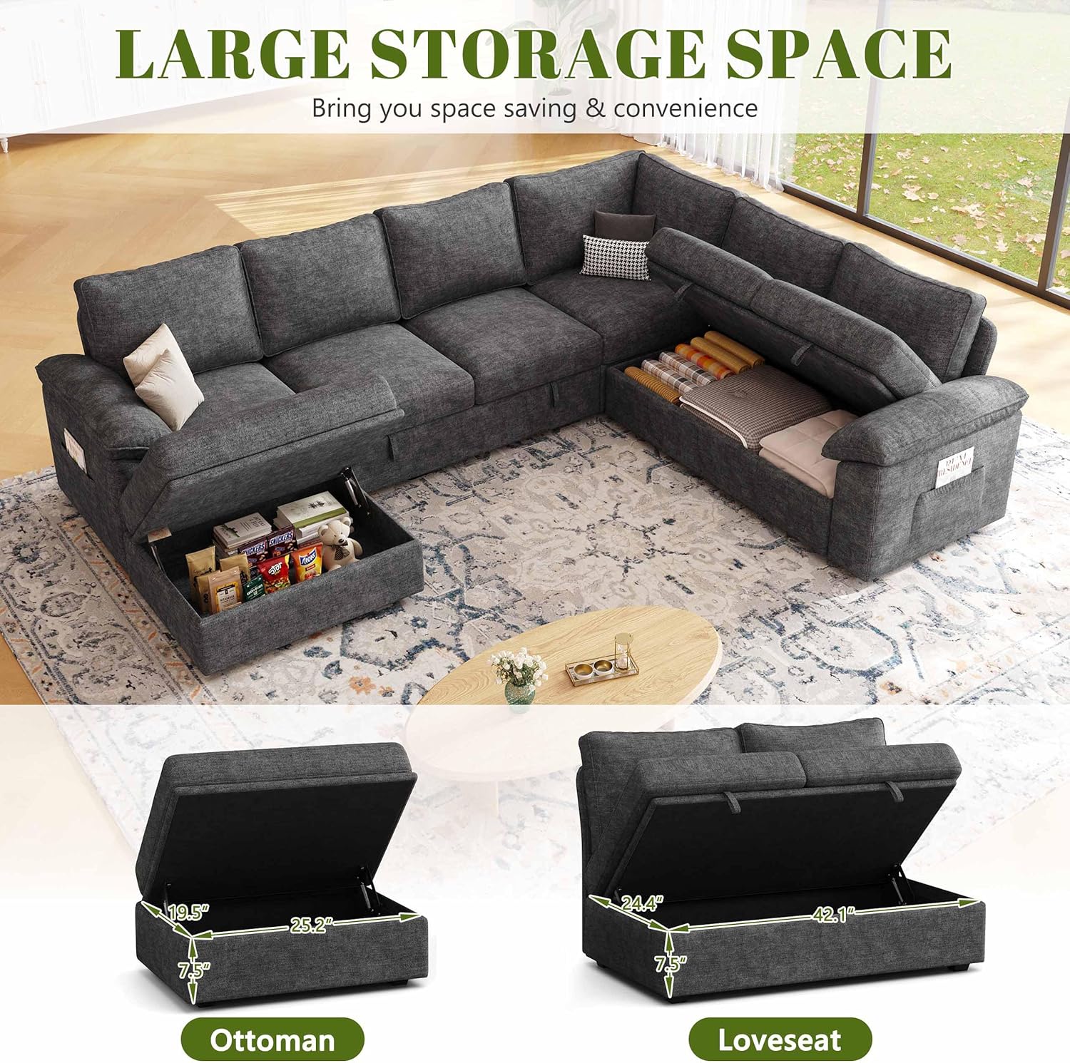108 Inch Sectional Sleeper Sofa with Pull Out Bed, U Shaped 7 Seat Modular Sectional Sofa with Storage, Sectional Couches for Living Room, Cloud Modular Couch,Removable Sofa Cover, Dark Grey - Image 6