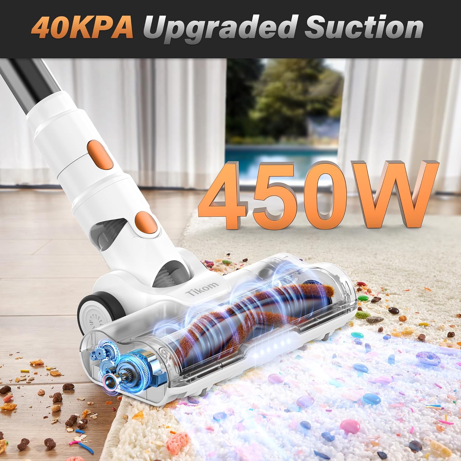 Tikom V500 Cordless Vacuum Cleaner for Home, 40000Pa/450W Stick Vacuum with LED Touch Screen, Charging Wall Dock, Anti-Tangle, Lightweight Handheld Vacuum for Pet Hair, Hard Floor, Carpet - Image 2