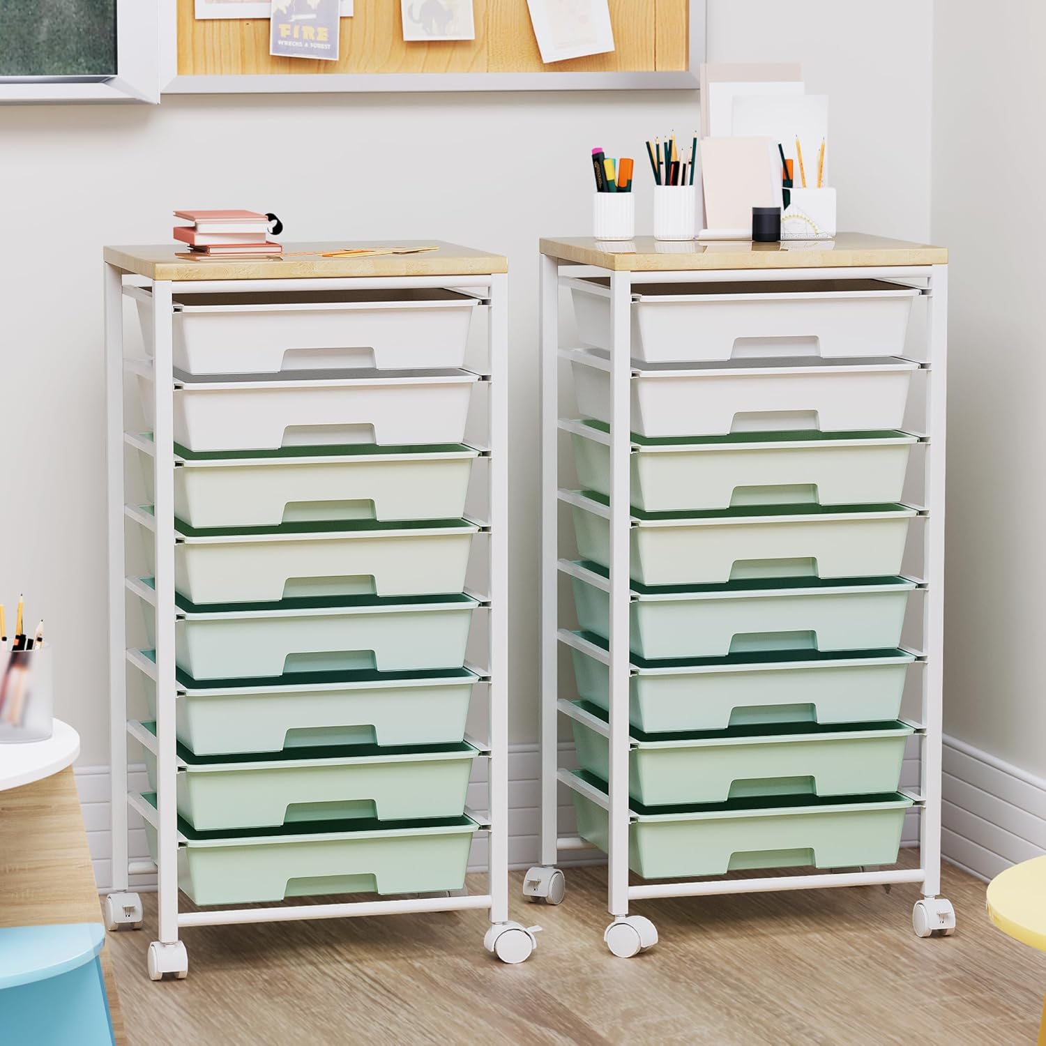 Rolling Cart with 8 Drawers, Storage Drawers Cart with Wooden Tabletop and Lockable Wheels, Craft Storage for Living Room, Office, Classroom, Craft Room, Bedroom - Image 3