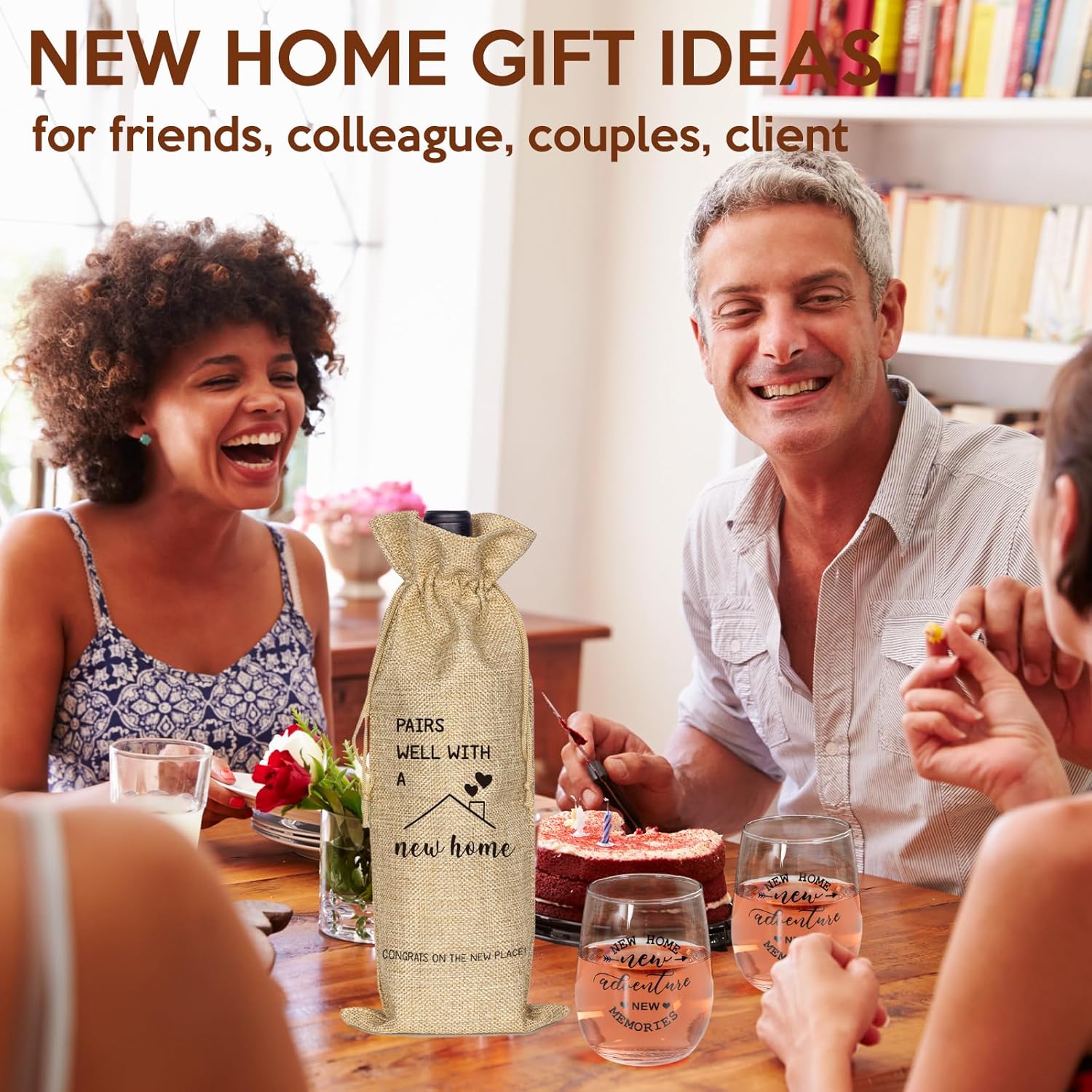 House Warming Gifts New Home, Housewarming Baskets Stemless Wine Glass & Bottle Bag Set for Newlywed Couple, Women, Friends, New Homeowner, Unique Closing Gift for Home Buyers, Clients - Image 3